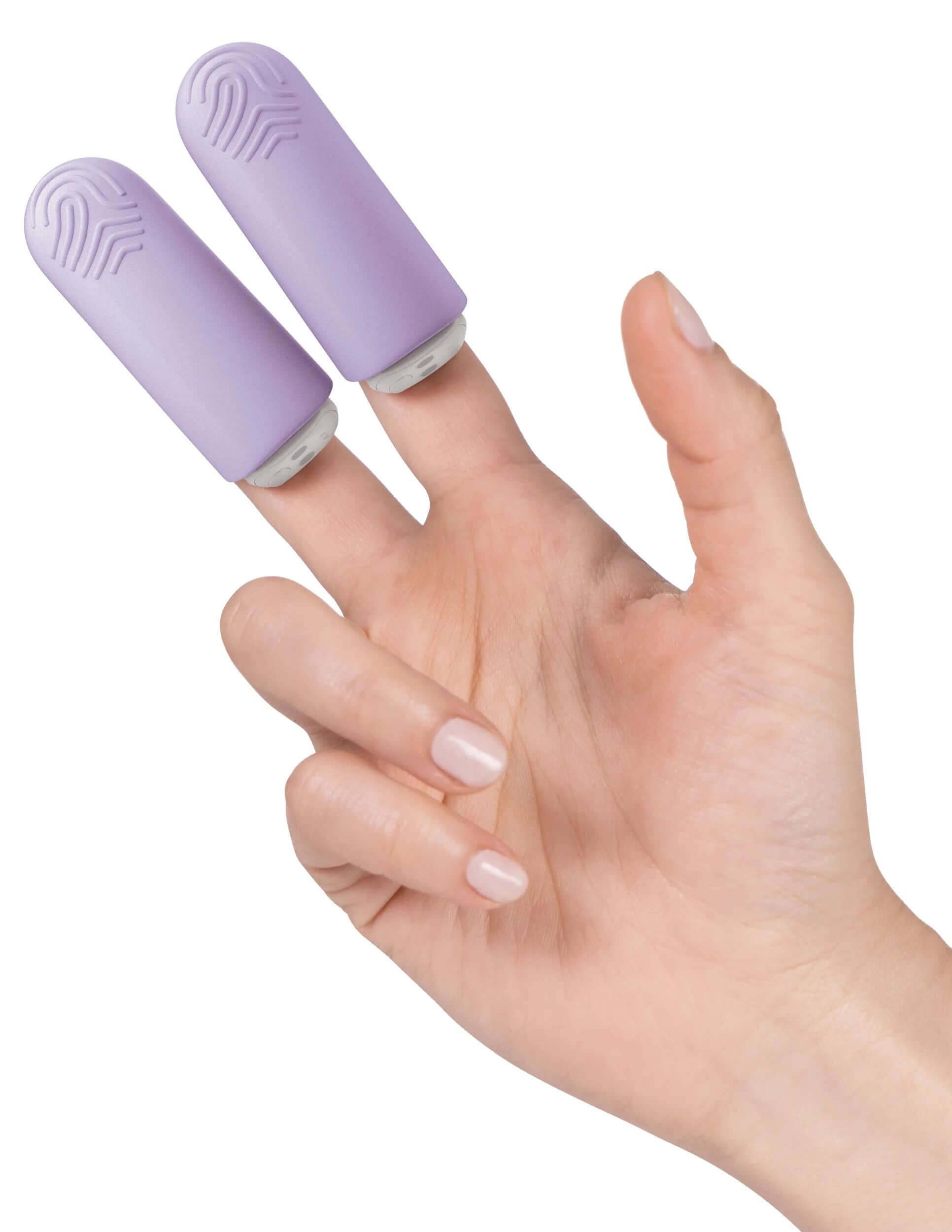 Hand wearing lilac Jimmy Jane Hello Touch Pro finger massager sleeves on two fingers