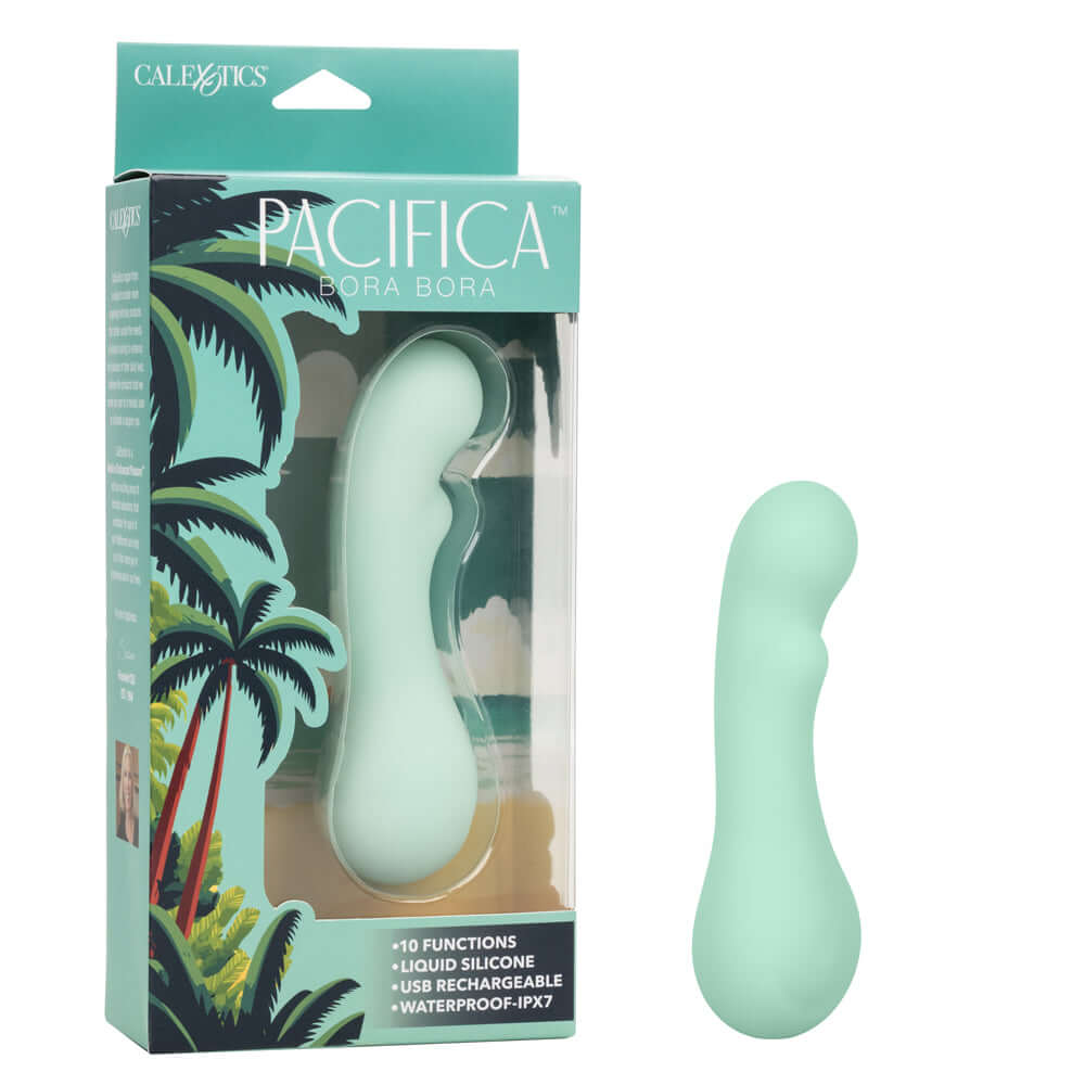 Pacifica Bora Bora - Green intimate accessory in packaging and product view, designed for enhanced G-spot stimulation with 10 functions.