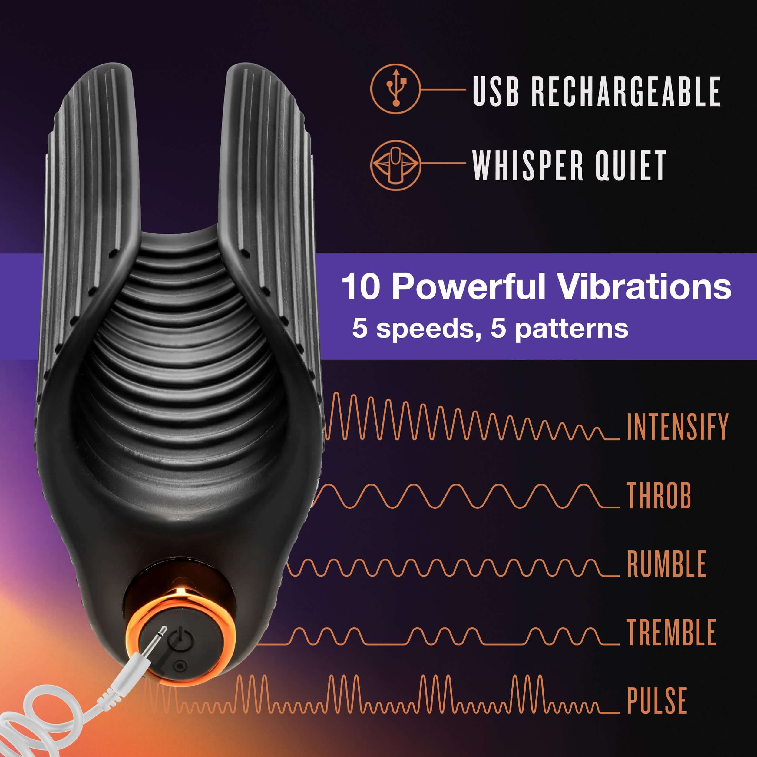 M Elite Platinum Wrapt Black stroker with 10 vibrations, USB rechargeable, whisper quiet design, and ribbed interior.