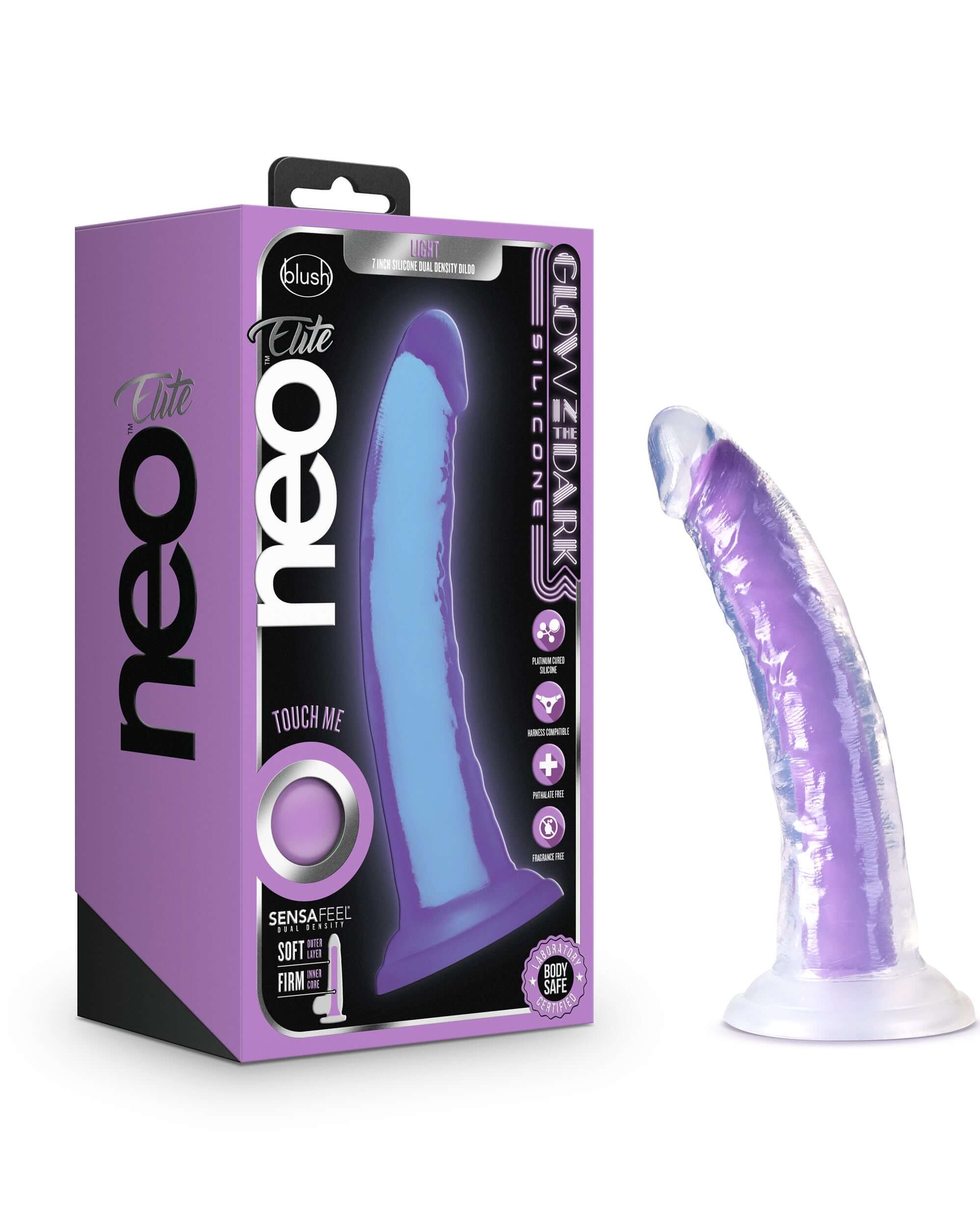 Neo Elite Glow in the Dark - Light - 7 Inch  Silicone Dual Density Dildo - Neon Purple-4