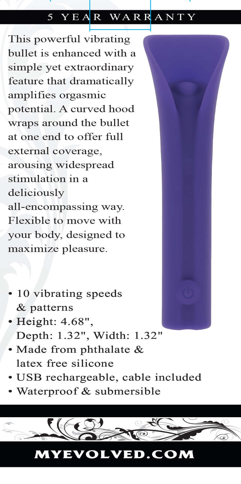 Full Coverage Purple Massager with 10 vibrating speeds and patterns, flexible hood for full external coverage, USB rechargeable and waterproof