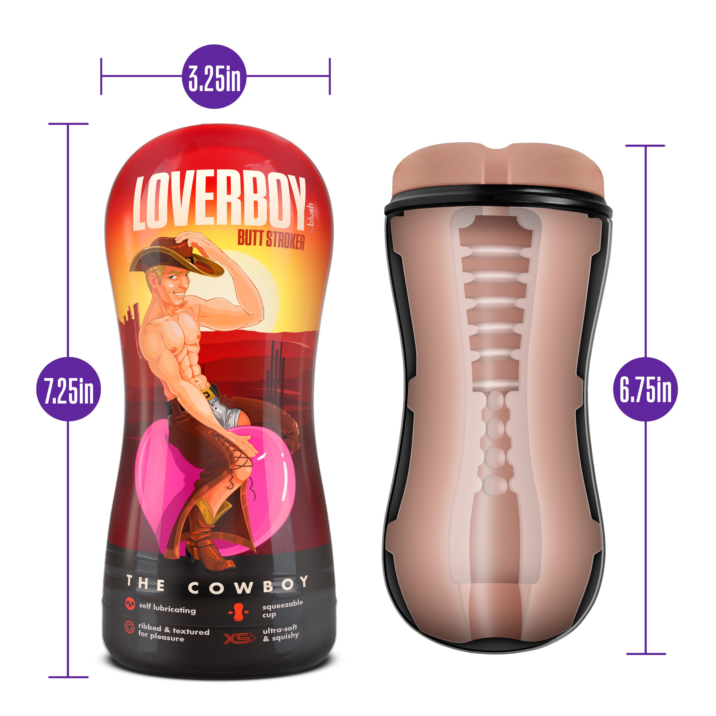 Loverboy Cowboy self-lubricating stroker, dimensions 3.25in x 6.75in x 7.25in, featuring vibrant packaging and textured interior.