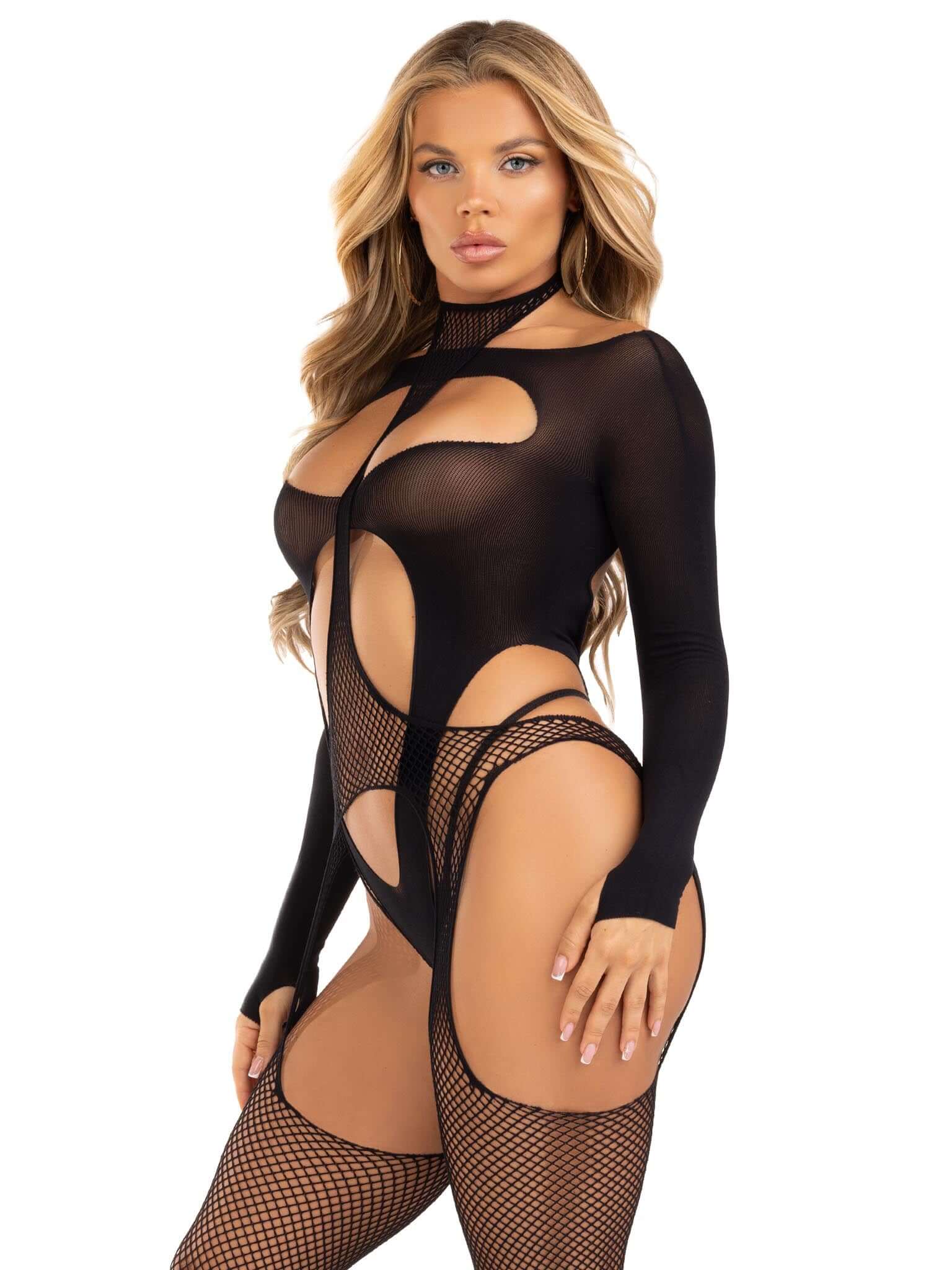 Black fishnet halter bodystocking and layered teddy, showcasing a stylish and alluring design for confident wear.