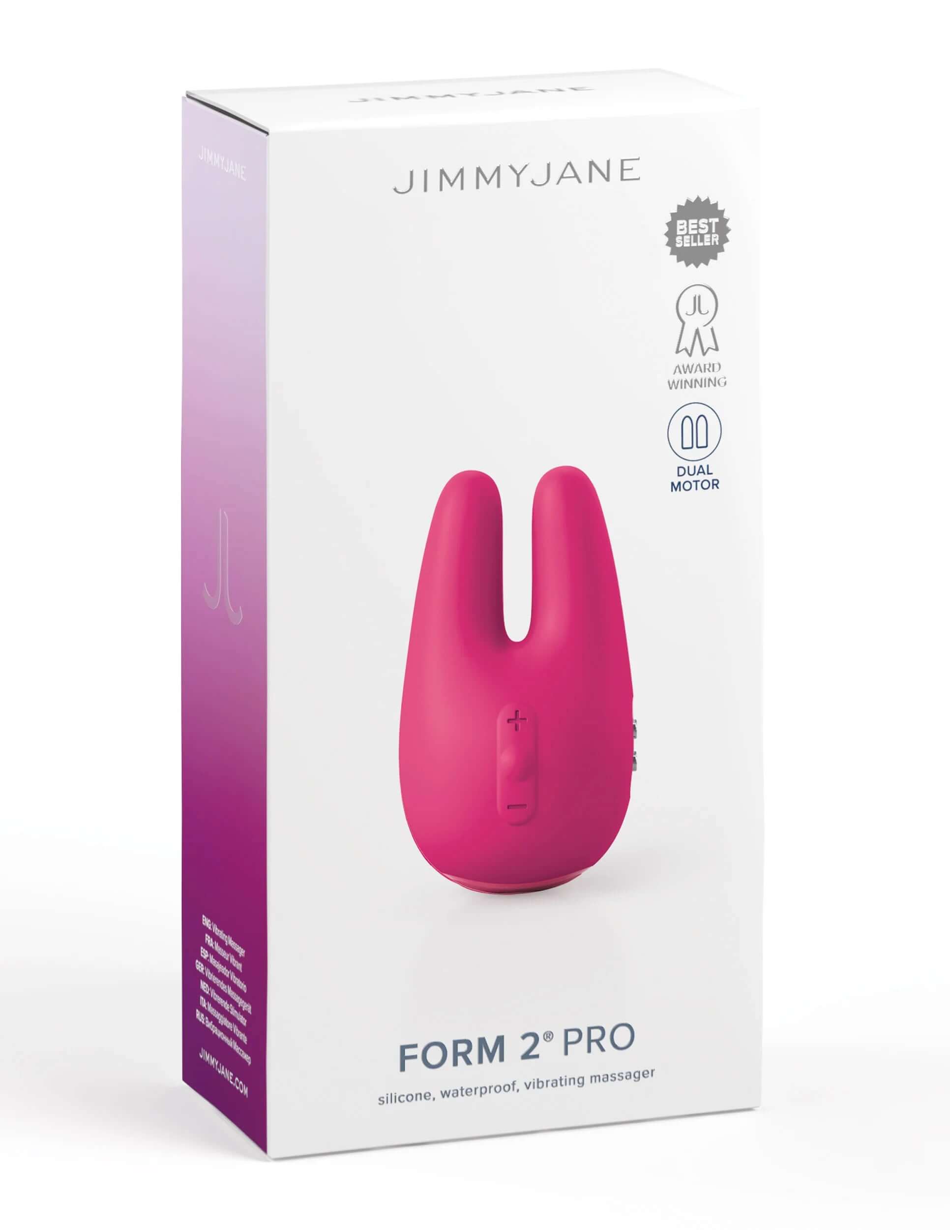 Jimmy Jane Form 2 Pro - Pink Vibrating Massager packaging showcasing best seller dual-motor design with powerful vibrations