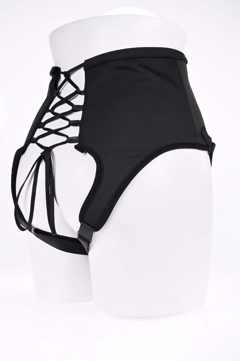 High Waisted Black Corset Strap On with Adjustable Straps and Laces for Intimate Comfort and Control