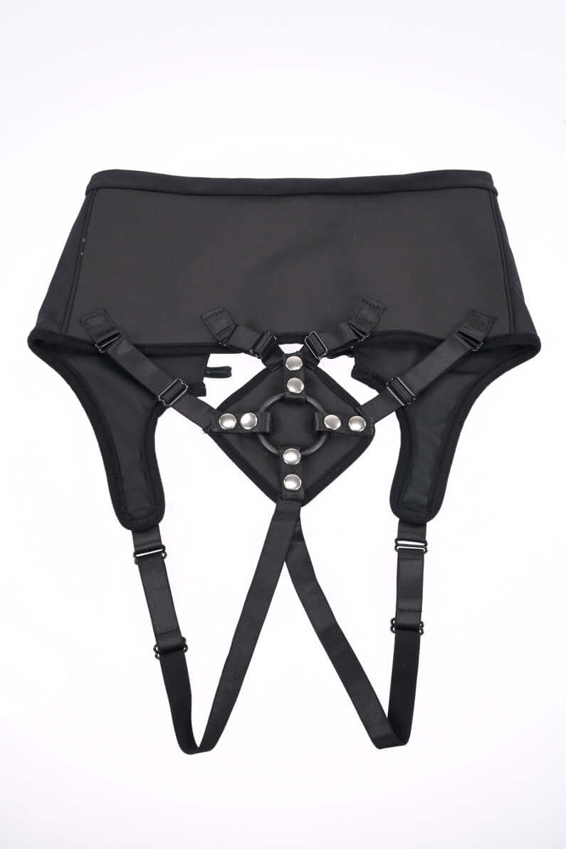 High Waisted Corset Strap On in Black with adjustable straps and O Ring connector for secure fit and comfort.