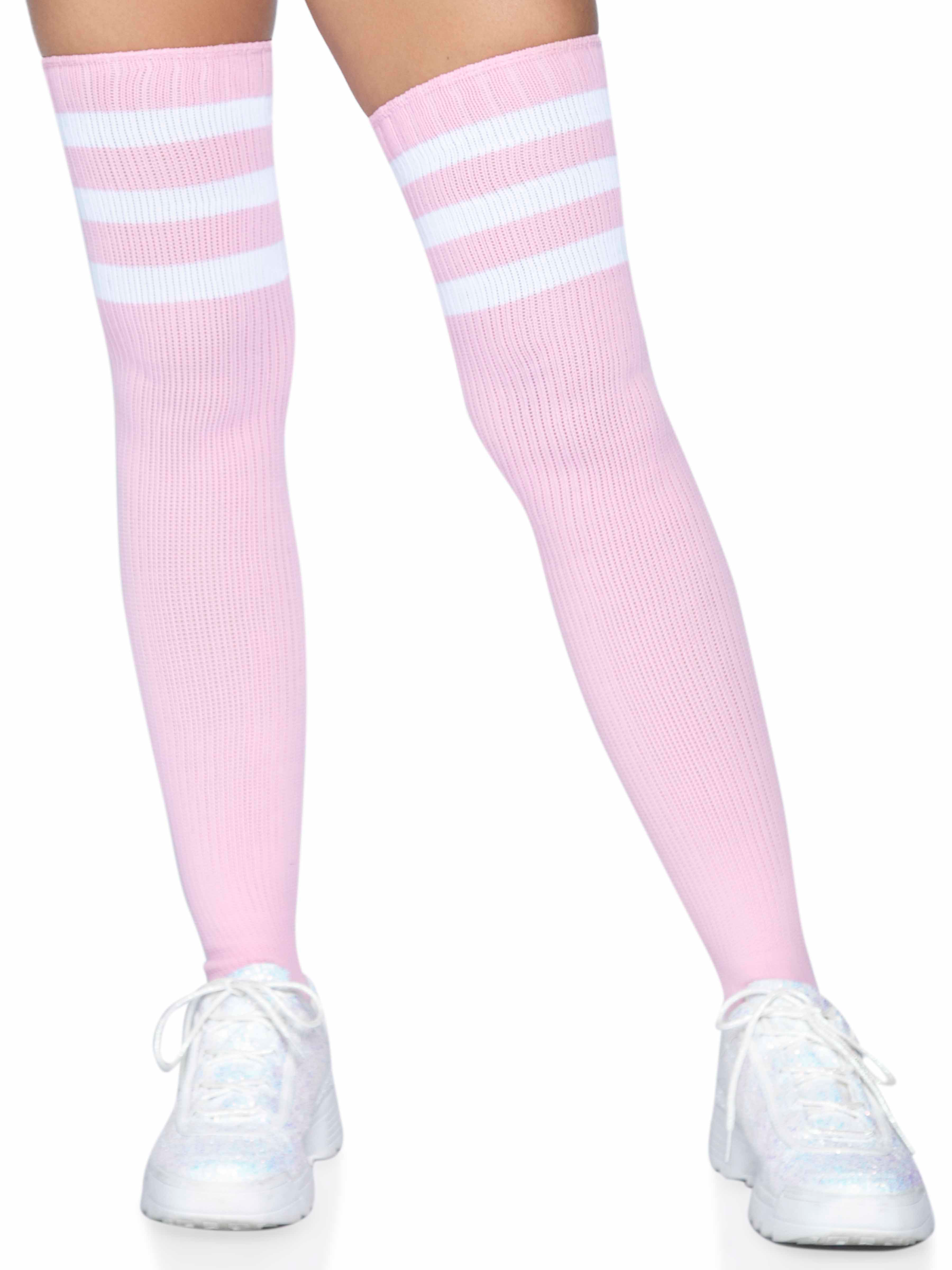 3 Stripes Athletic Ribbed Thigh Highs - One Size - - One Size - Light Pink