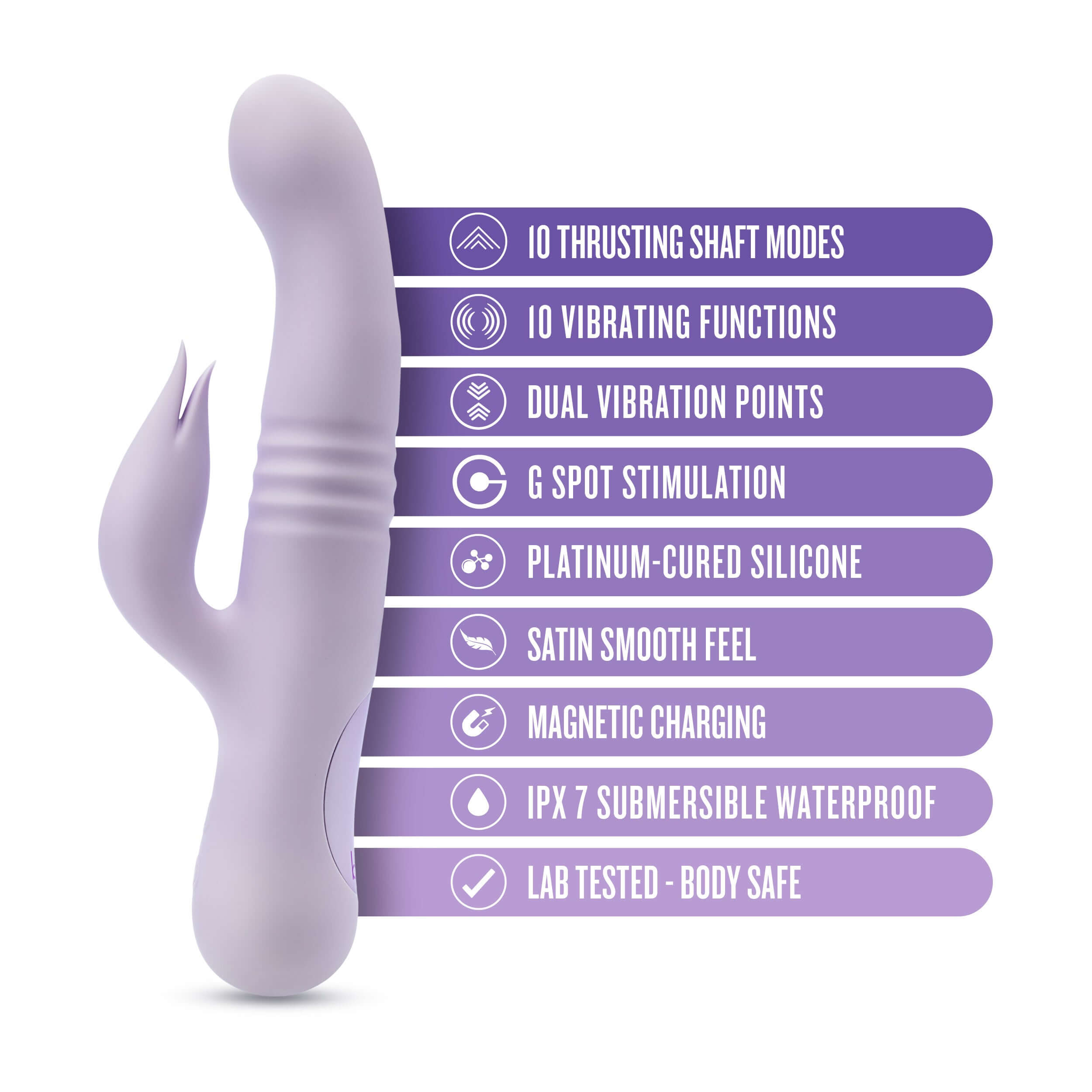 Lavender Rylee Rabbit Massager with 10 thrusting shaft modes, G-spot and clitoral stimulation, platinum-cured silicone, submersible and body-safe