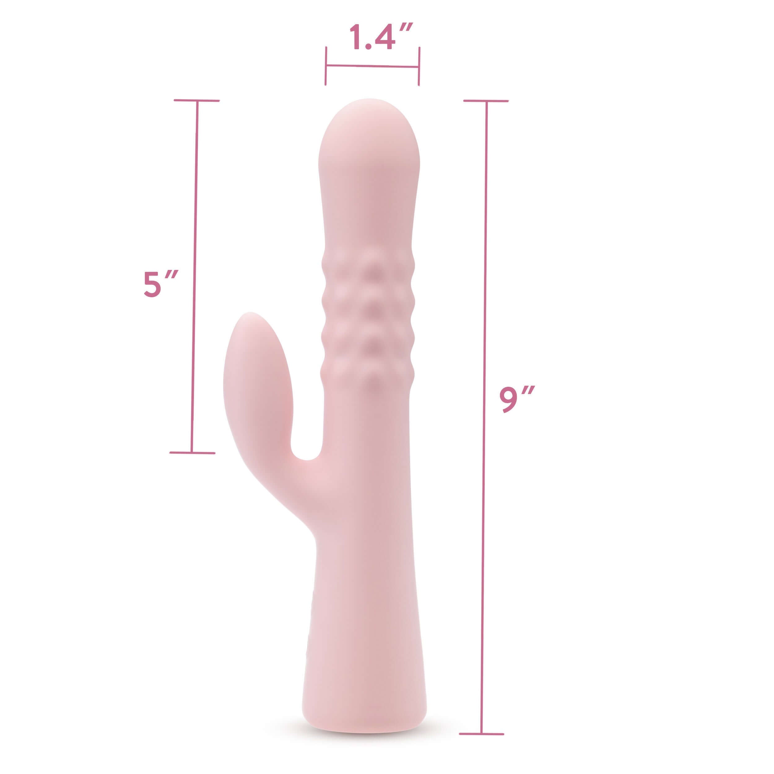 Pink Keep Going Till You Hit The Spot Jaymie Rabbit Massager with dimensions labeled 9" total height, 5" shaft, and 1.4" width