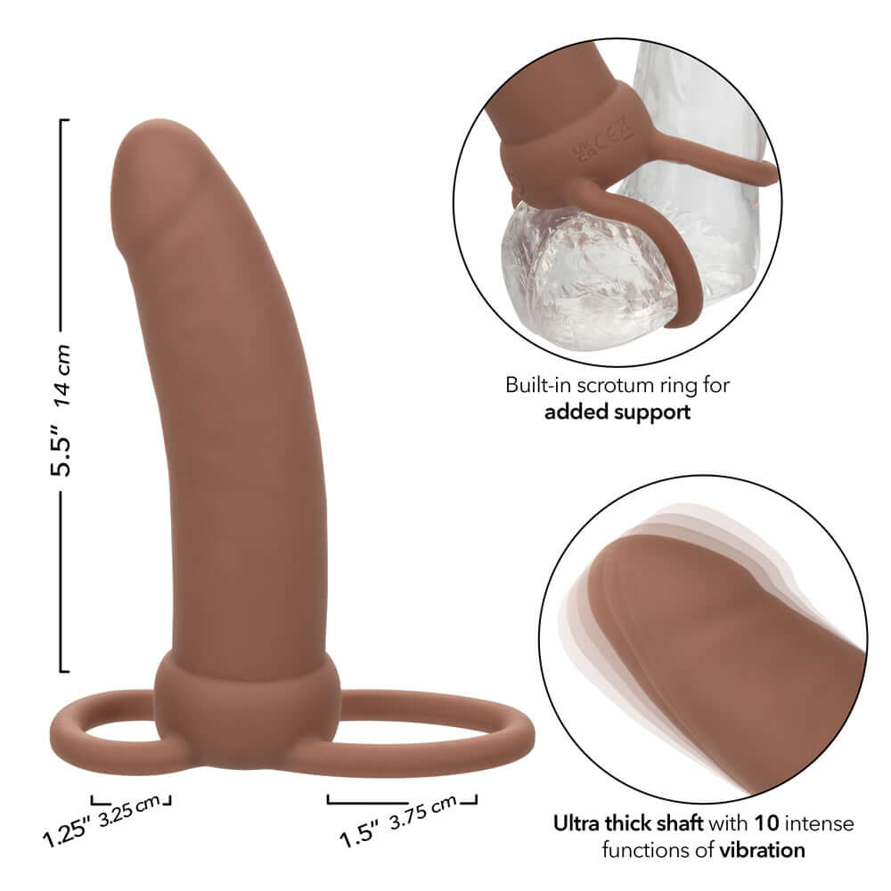 Performance Maxx Rechargeable Thick Dual Penetrator - Brown with built-in scrotum ring and ultra-thick shaft with 10 vibration modes