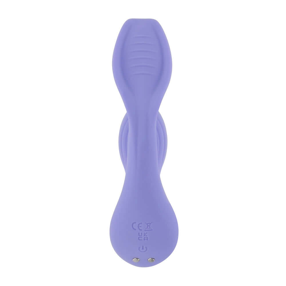 Lilac rabbit vibrator with dual-textured, flexible shafts and ergonomic remote control, offering 10 vibrating speeds and patterns.