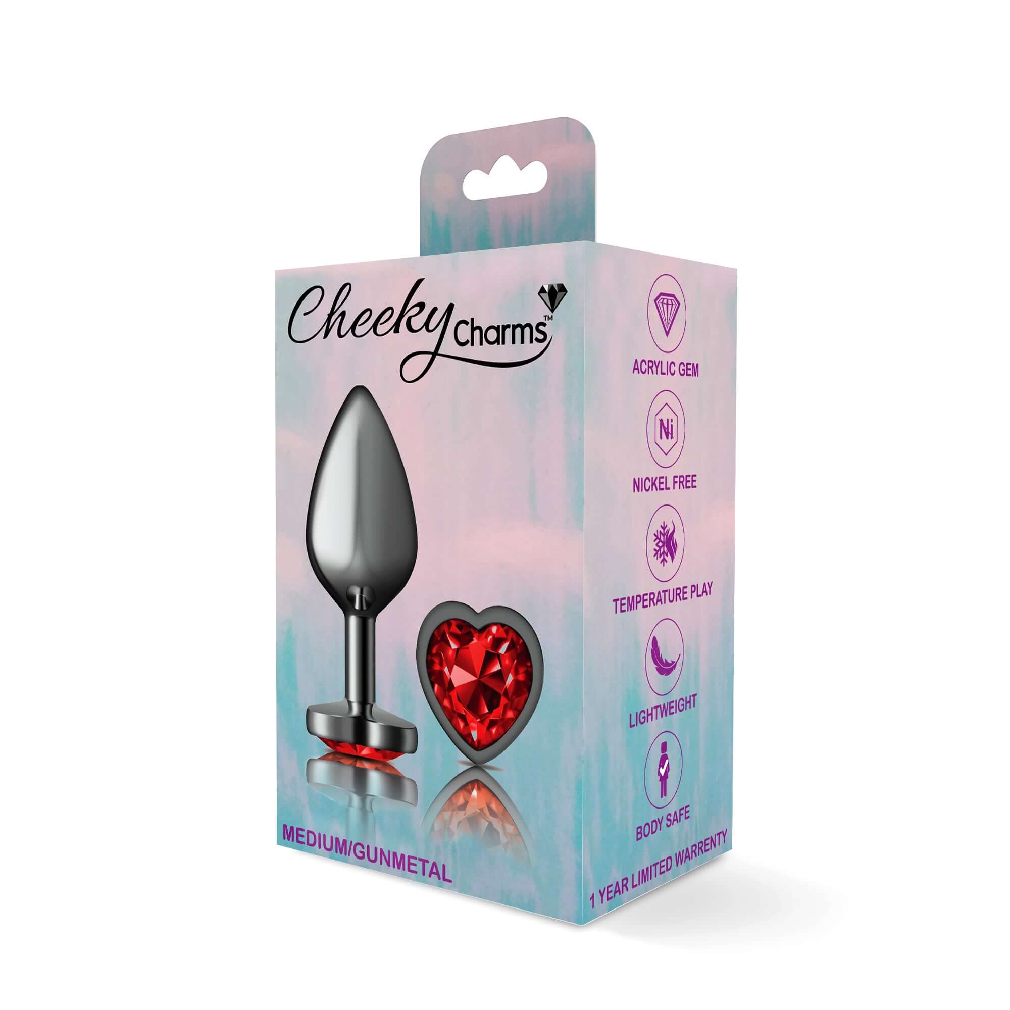 Cheeky Charms-Gunmetal Metal Butt Plug- Heart-Dark Red-Medium-4