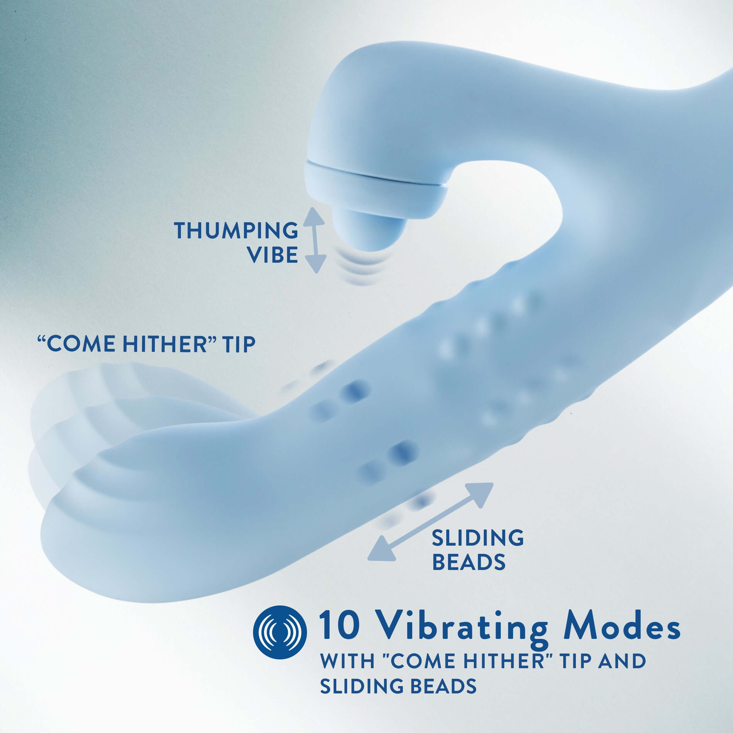 Devin Rabbit Massager Blue with thumping vibe, come hither tip, sliding beads and 10 vibrating modes for enhanced G-spot and clitoral stimulation