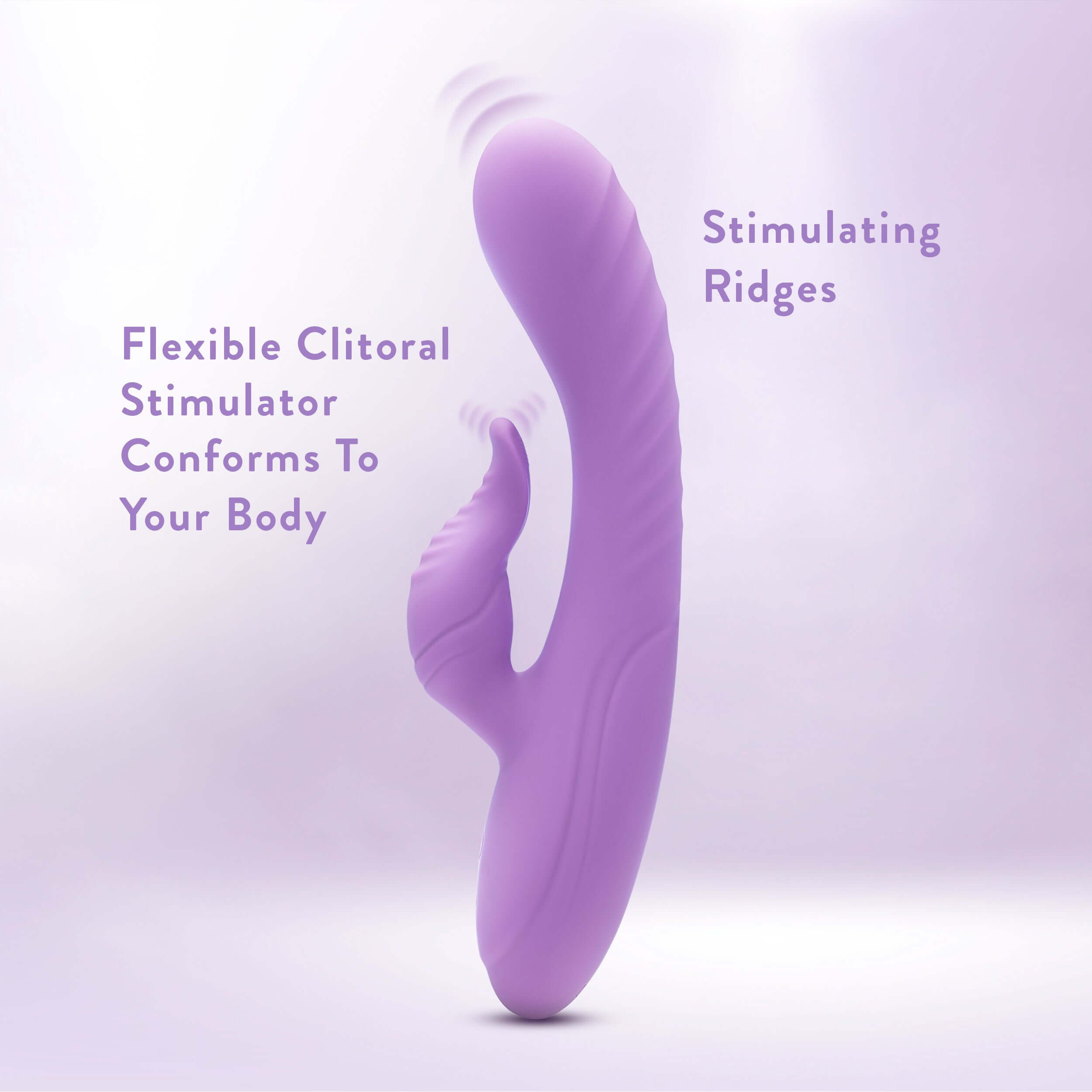 Purple Evelyn Rabbit Massager with flexible clitoral stimulator and stimulating ridges for body-conforming pleasure.