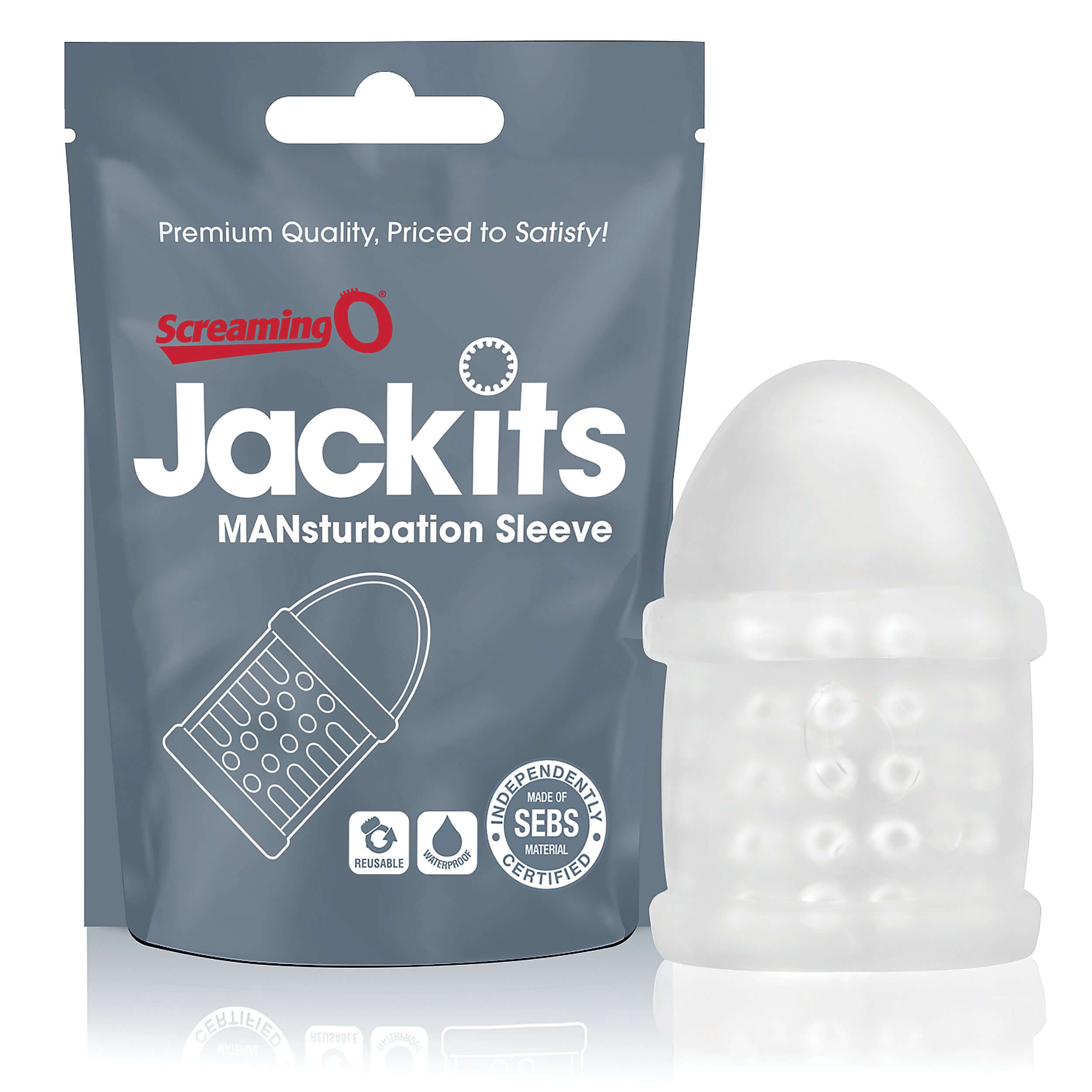 Jackits clear masturbation sleeve and packaging, nubby texture, reusable male sex toy for enhanced self-pleasure.