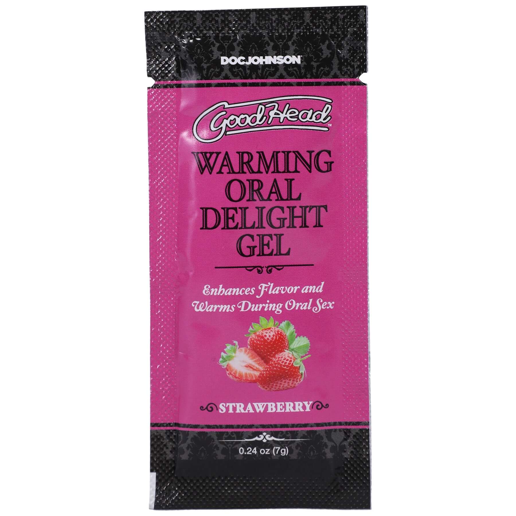 GoodHead Warming Oral Delight Gel Strawberry single-use packet, 0.24 oz, enhances flavor and warmth during oral sex.