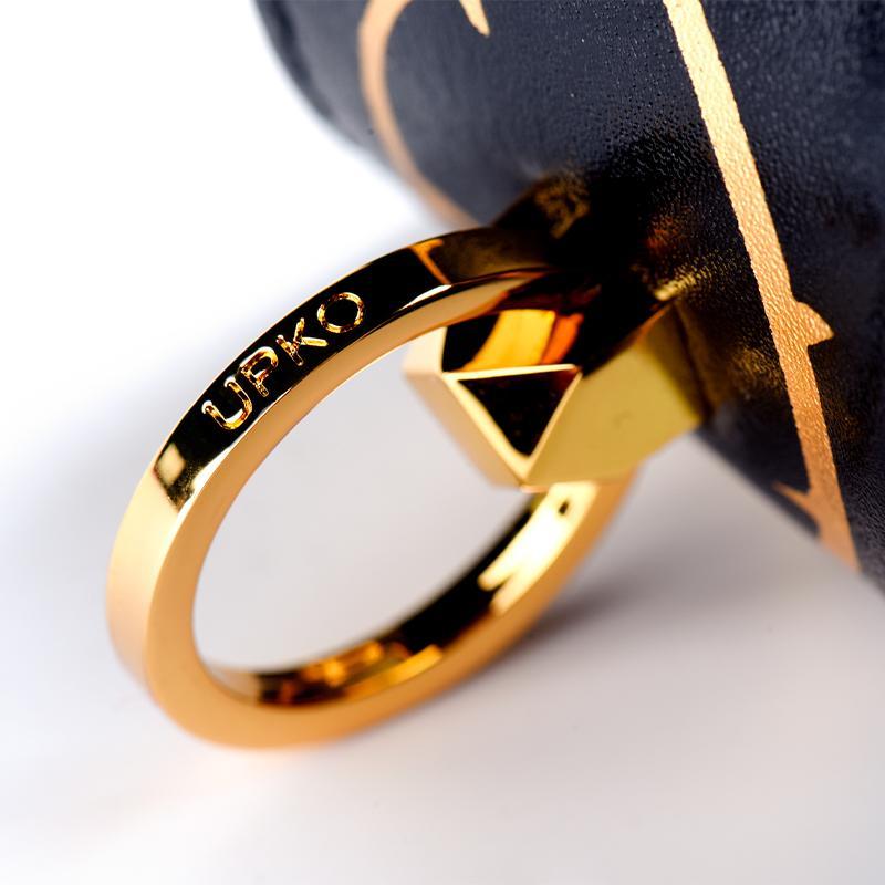 Luxurious gold zinc alloy ring with "UPKO" engraving on black leather from the ZALO & UPKO Doll Designer Collection Handcuffs.