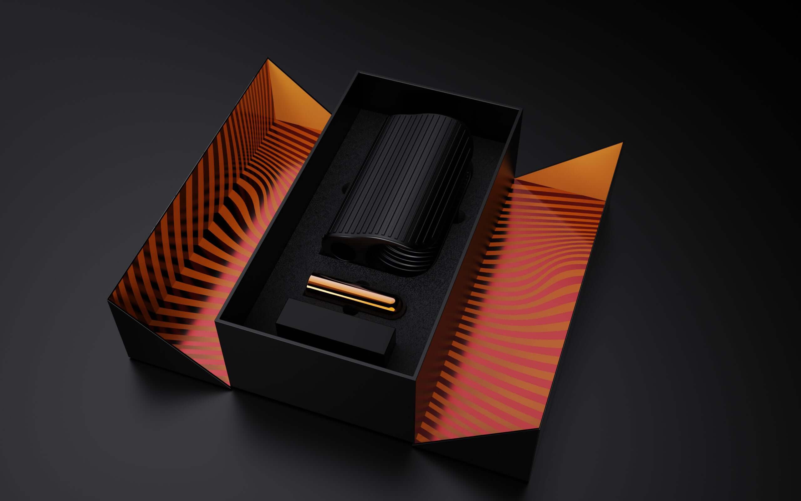 M Elite Platinum Wrapt stroker in stylish packaging with a golden accessory, showcasing its sleek design and vibrant interior.