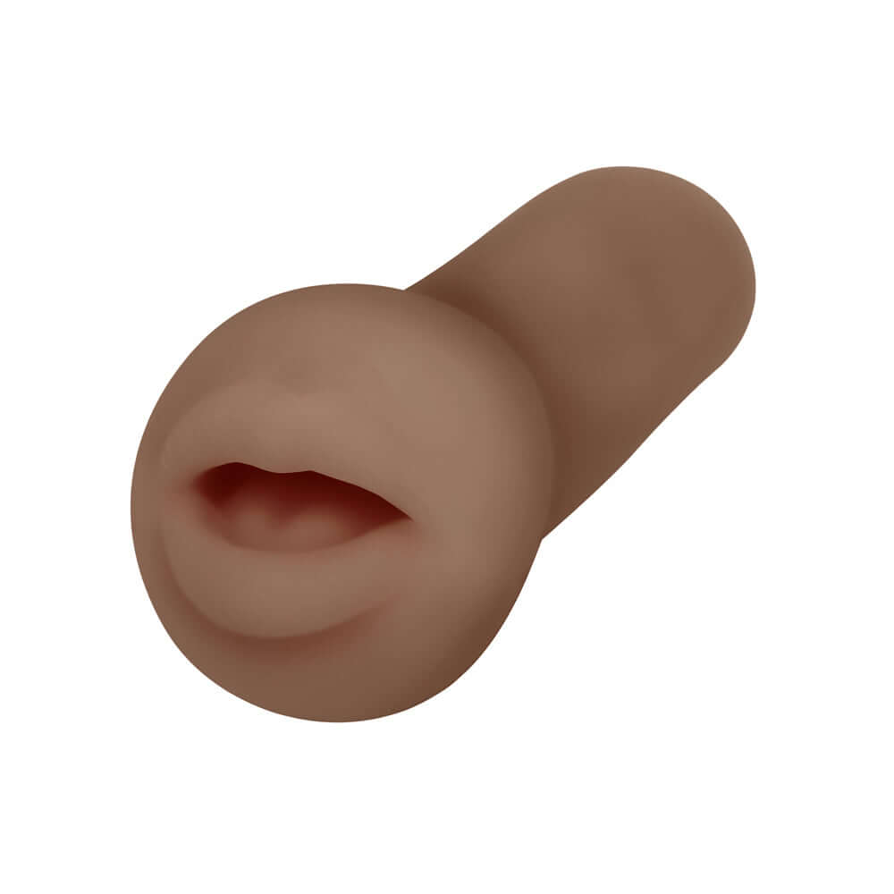 Life-like dark-colored stroker mimicking oral experience, part of the 3 Life-Like Strokers Party Pack. Made from latex and phthalate free TPE rubber.