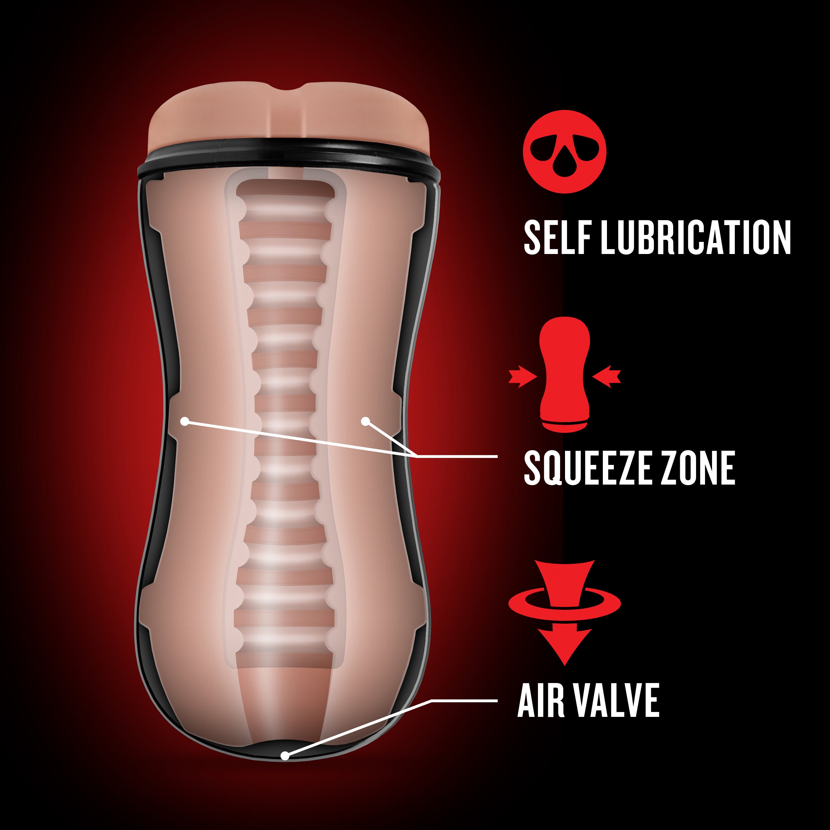 Loverboy Bad Boy Next Door stroker features self lubrication, squeeze zone, and air valve for enhanced pleasure.