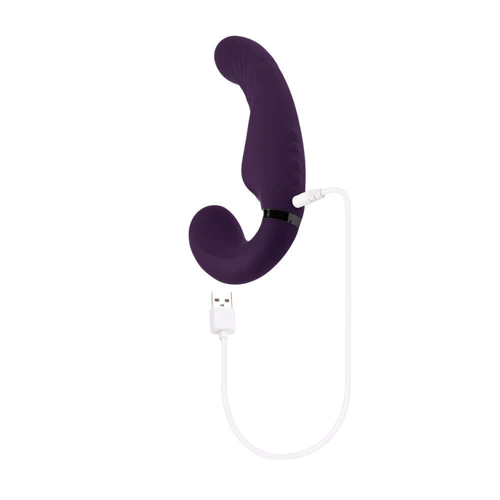 Purple inflatable massager with a curved, textured shaft and USB charging cable for versatile and shared sensual experiences