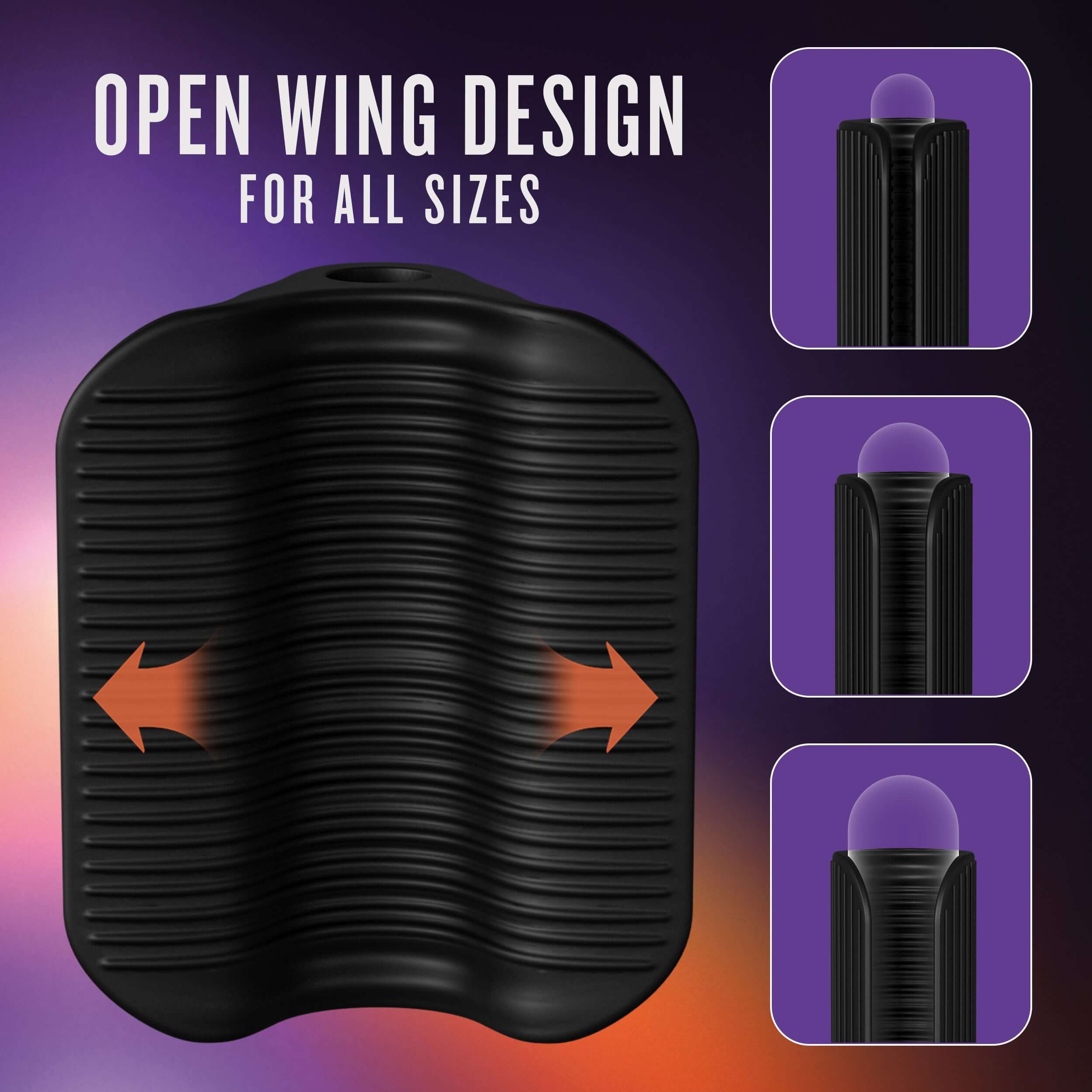 Open wing design of the Wrapt stroker for all sizes, showcasing its versatile and user-friendly features.