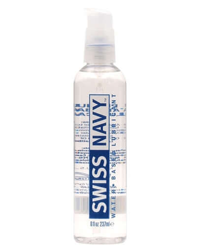 Swiss Navy Water-Based Lube in a leak-proof pump bottle, ideal for easy application and enhanced intimacy.