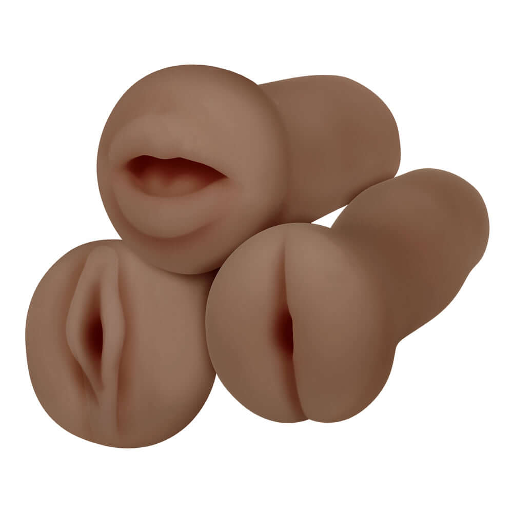 3 life-like strokers with unique textures for anal, vaginal, and oral experiences in the PARTY PACK - DARK from phthalate-free TPE rubber.