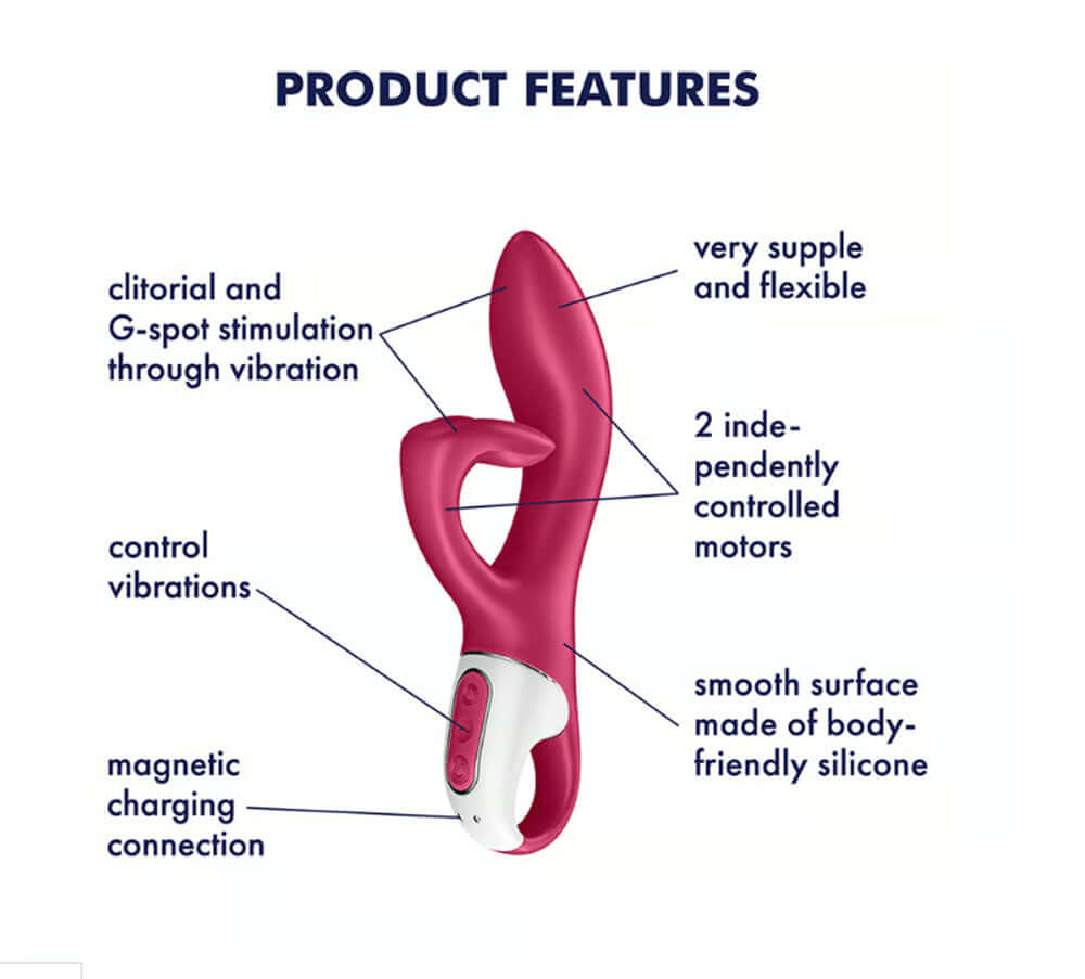 Satisfyer Embrace Me rabbit vibrator features: flexible design, dual motors, magnetic charging, and body-safe silicone.