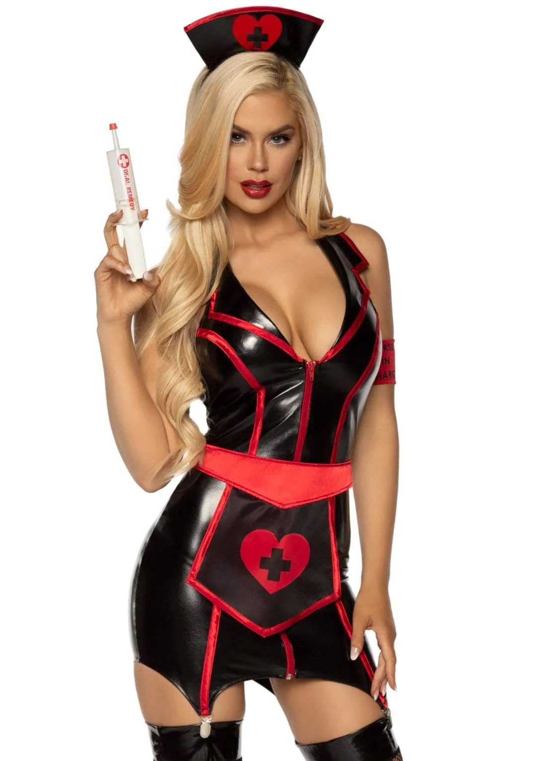 Naughty Nurse Costume in black and red with wet look garter dress and heart accessories, perfect for a sexy nurse theme.