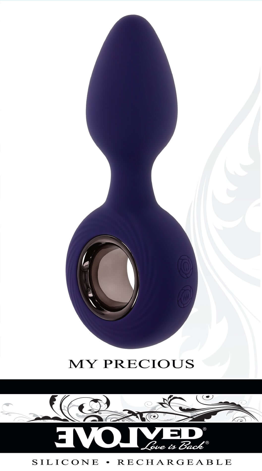 Blue vibrating anal plug with ringed handle, offering 12 speeds, waterproof, made from phthalate and latex free silicone and ABS.