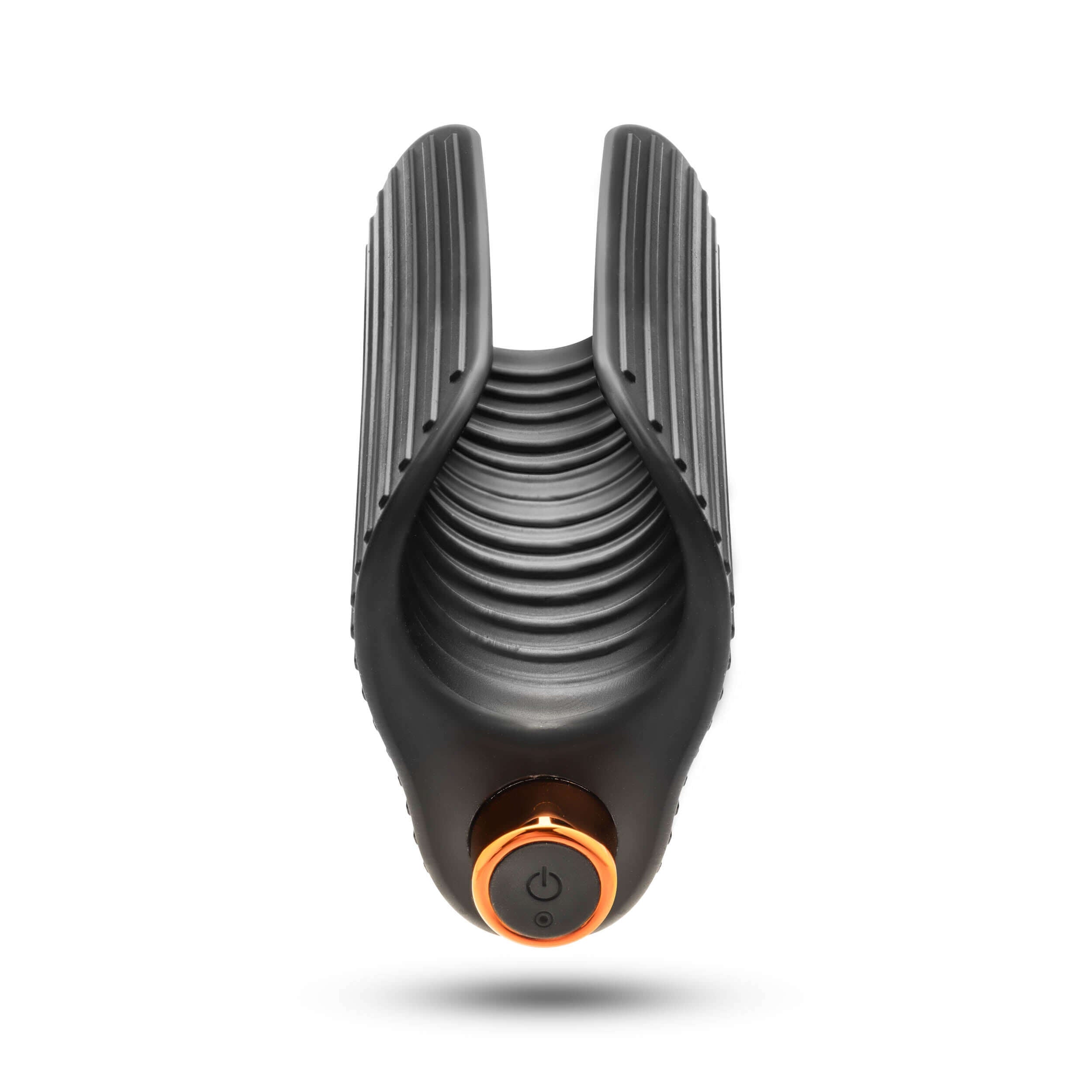 M Elite Platinum Wrapt Black stroker with ribbed interior and vibration button for enhanced pleasure.