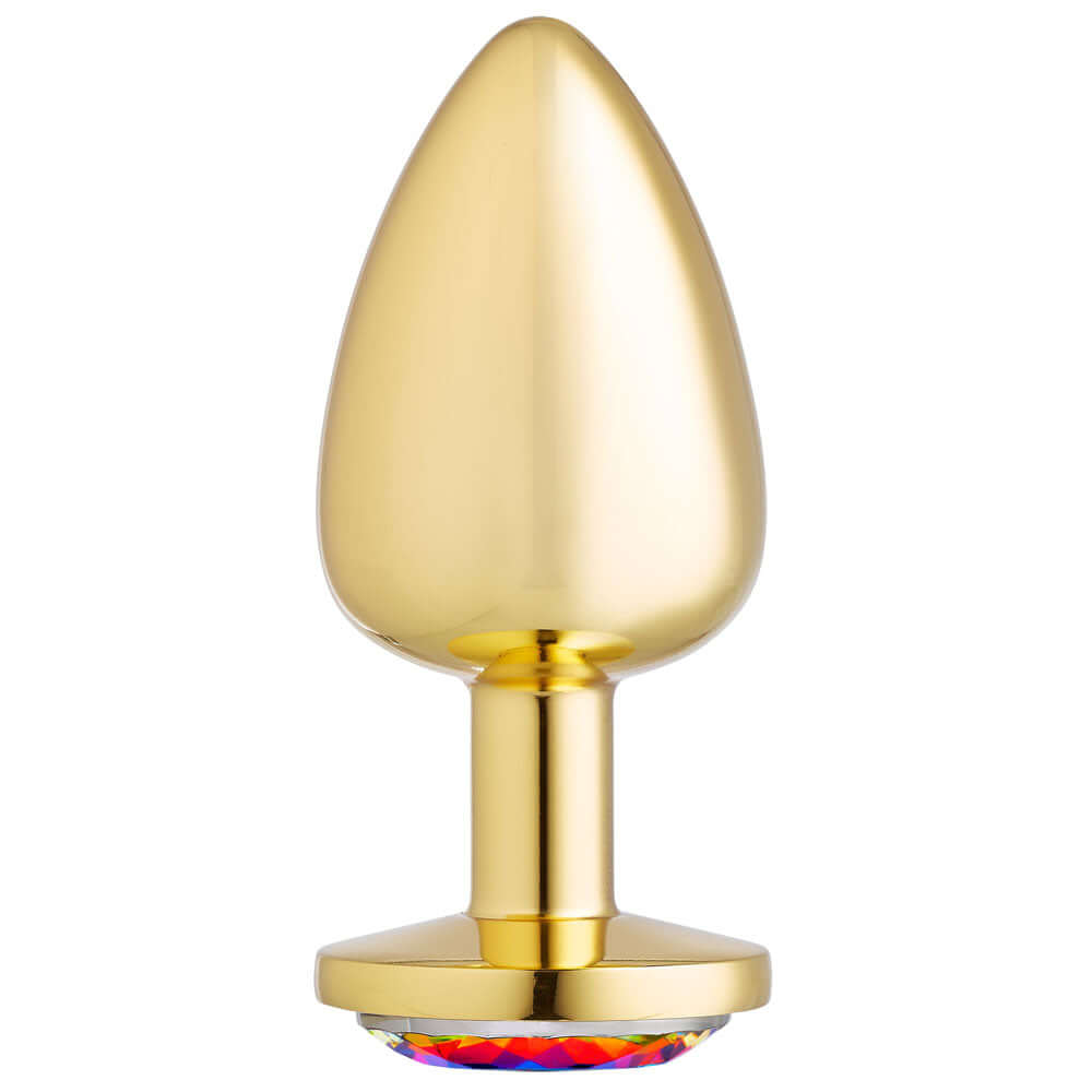 Gold chrome anal plug with a rainbow multicolor gem, perfect for beginner use, from Cloud 9 Novelties.