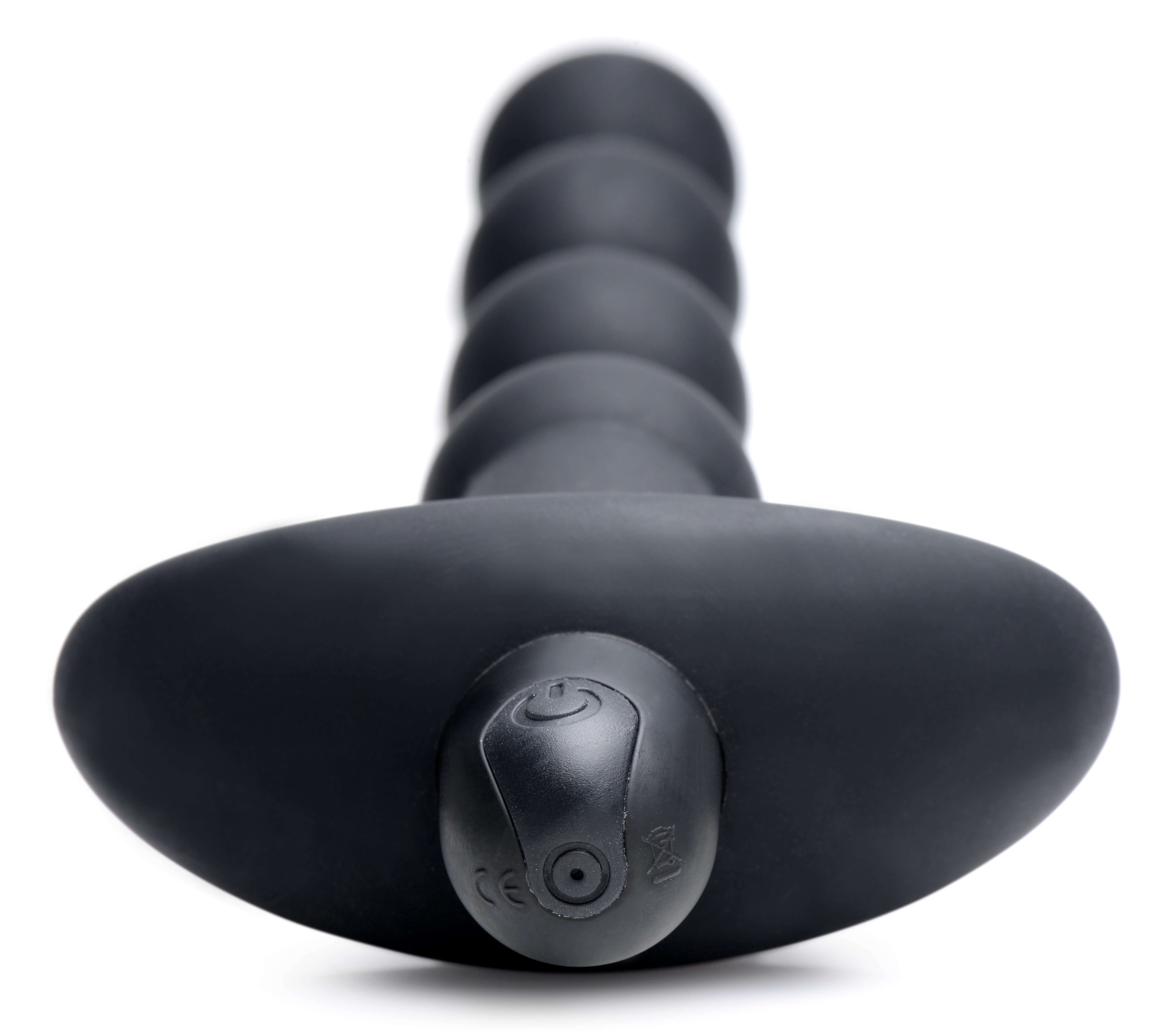 Black vibrating silicone anal beads with tapered tip and remote control base, designed for comfortable and flexible anal play.