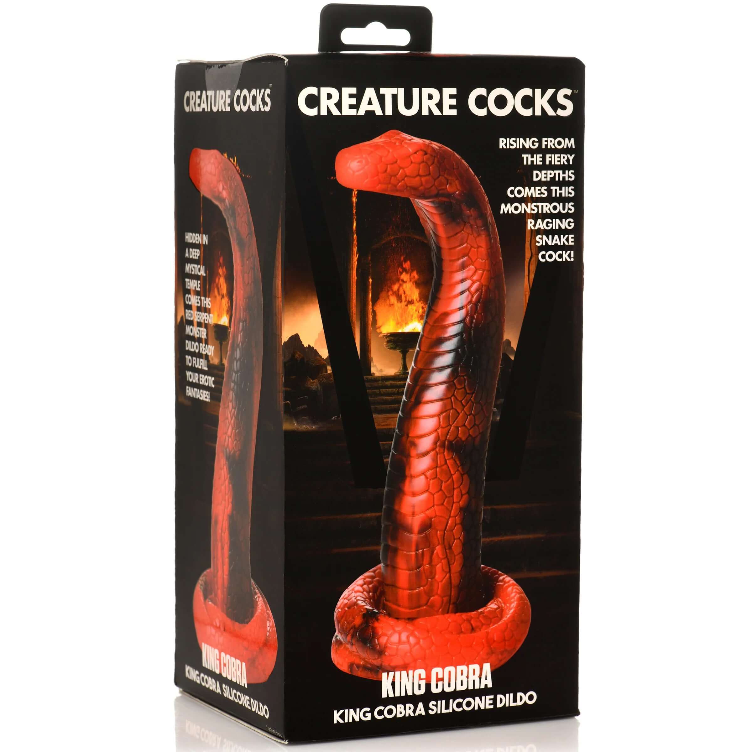 King Cobra silicone dildo in red displayed in packaging, featuring serpent design for enhanced pleasure and stimulation