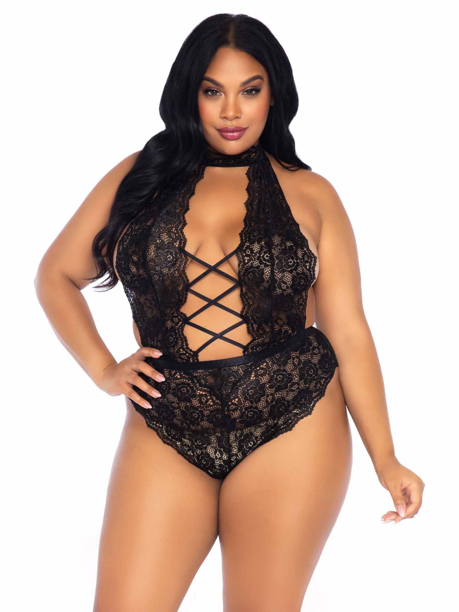 Floral Lace Crotchless Teddy - 1x/2x - Black