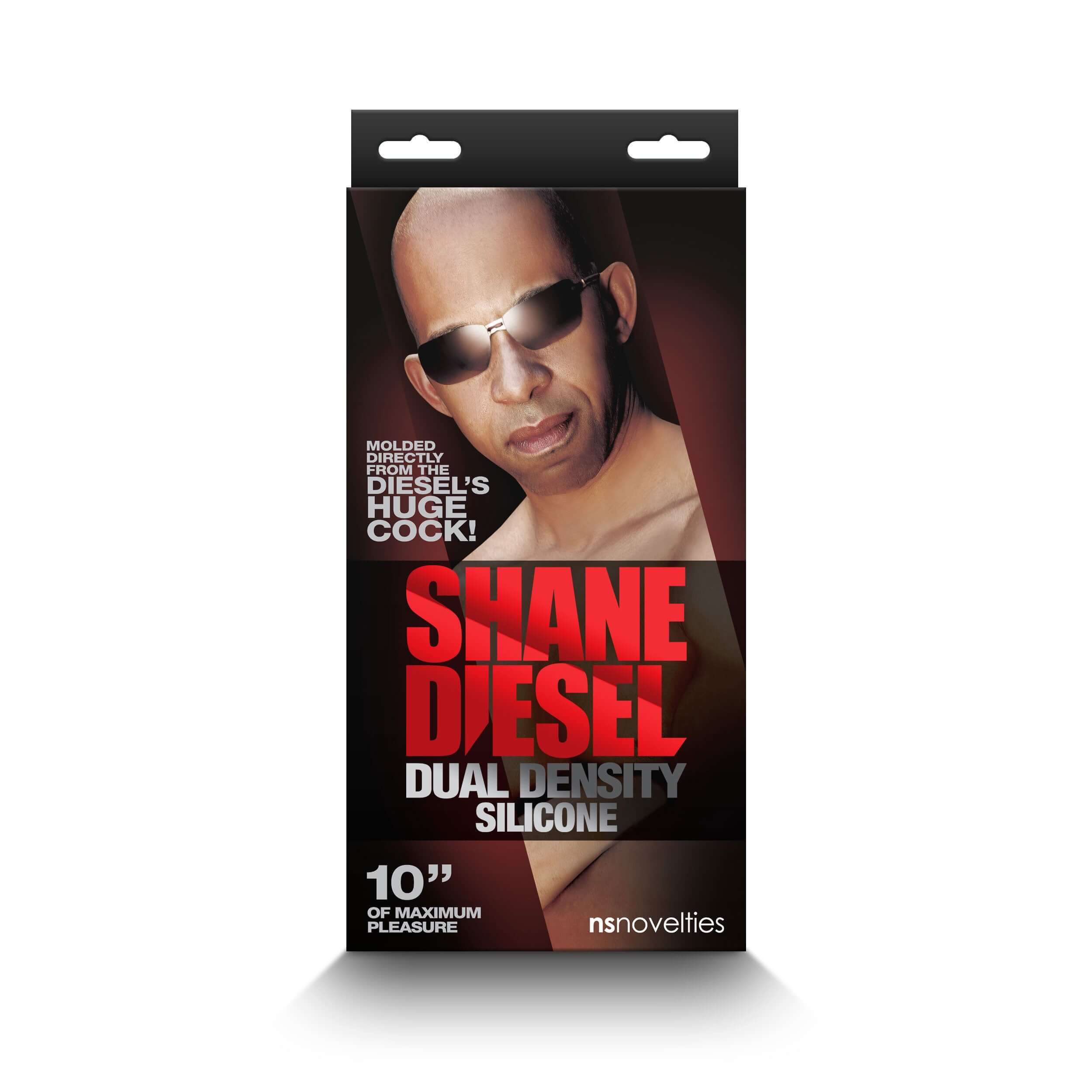 Packaging for Shane Diesel Dual Density Dildo in brown, featuring realistic silicone and suction cup base, 10 inches in length.