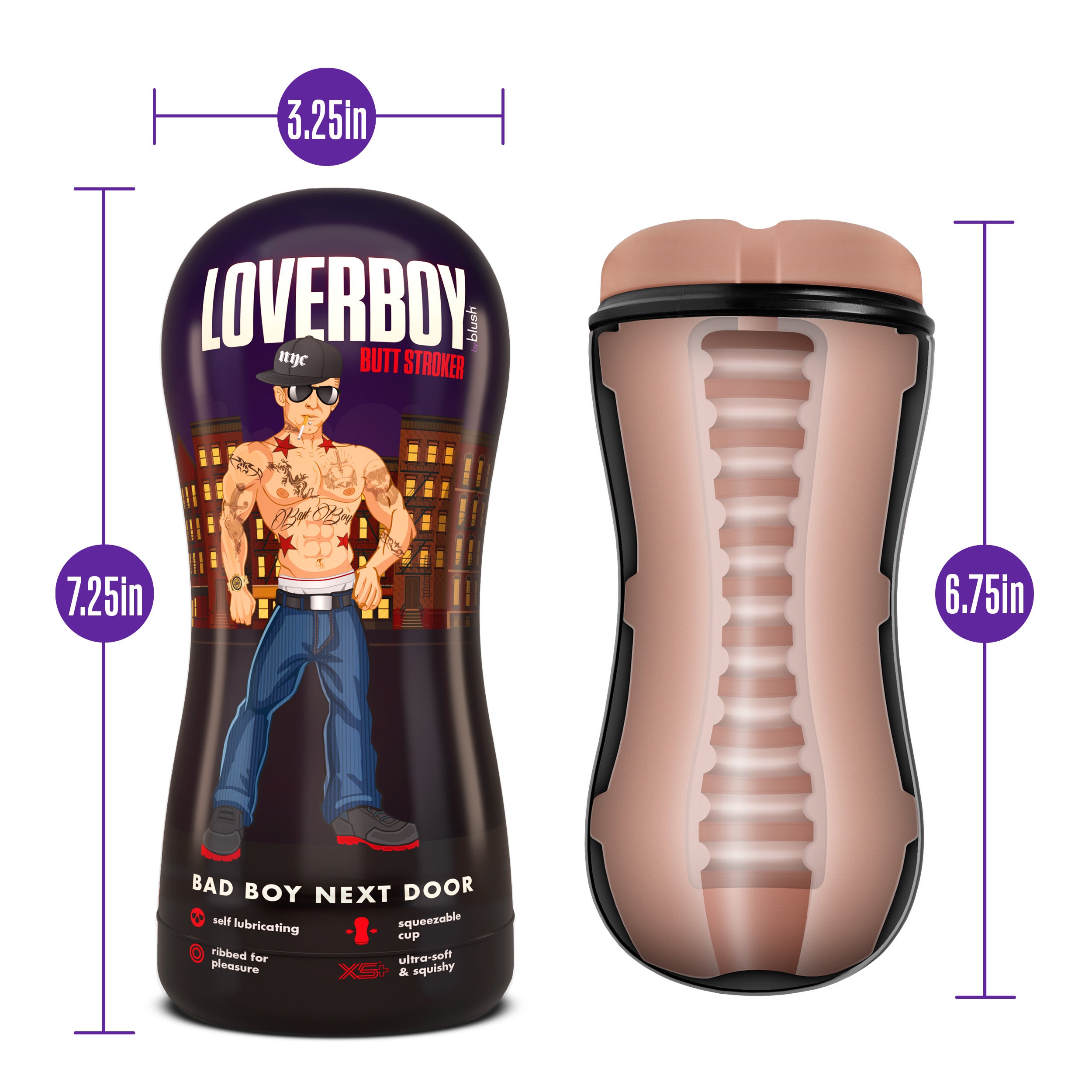 Loverboy Bad Boy Next Door self-lubricating stroker with dimensions 3.25in width, 7.25in height, and 6.75in length.