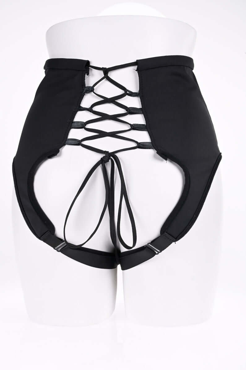 High Waisted Corset Strap On in Black with adjustable laces and padded O Ring connector for secure and comfortable wear.