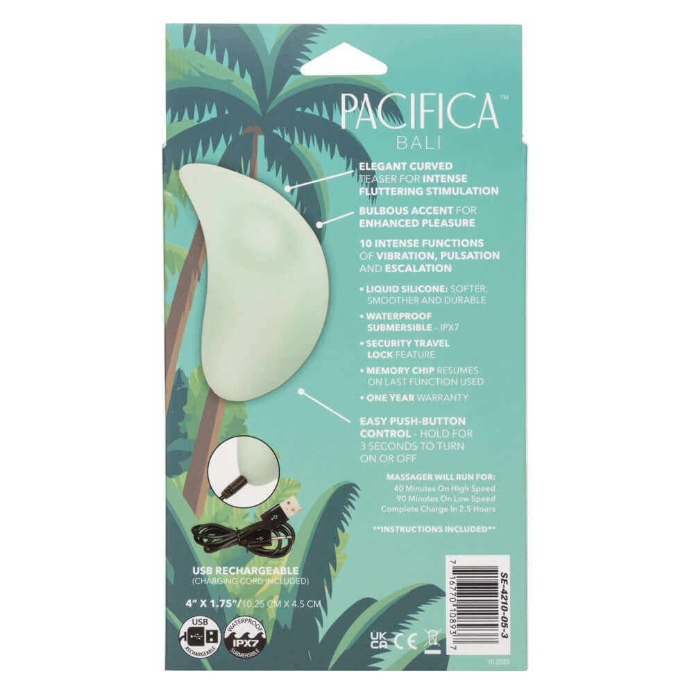 Pacifica Bali Massager packaging showing features and specifications for the green curved teaser device.