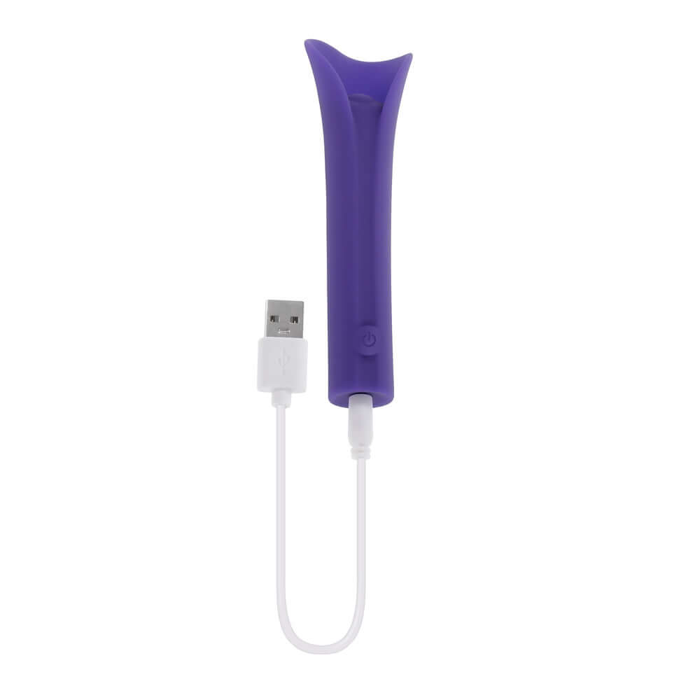 Purple Full Coverage Massager with USB charging cable, flexible and designed for all-encompassing stimulation with 10 vibrating speeds.