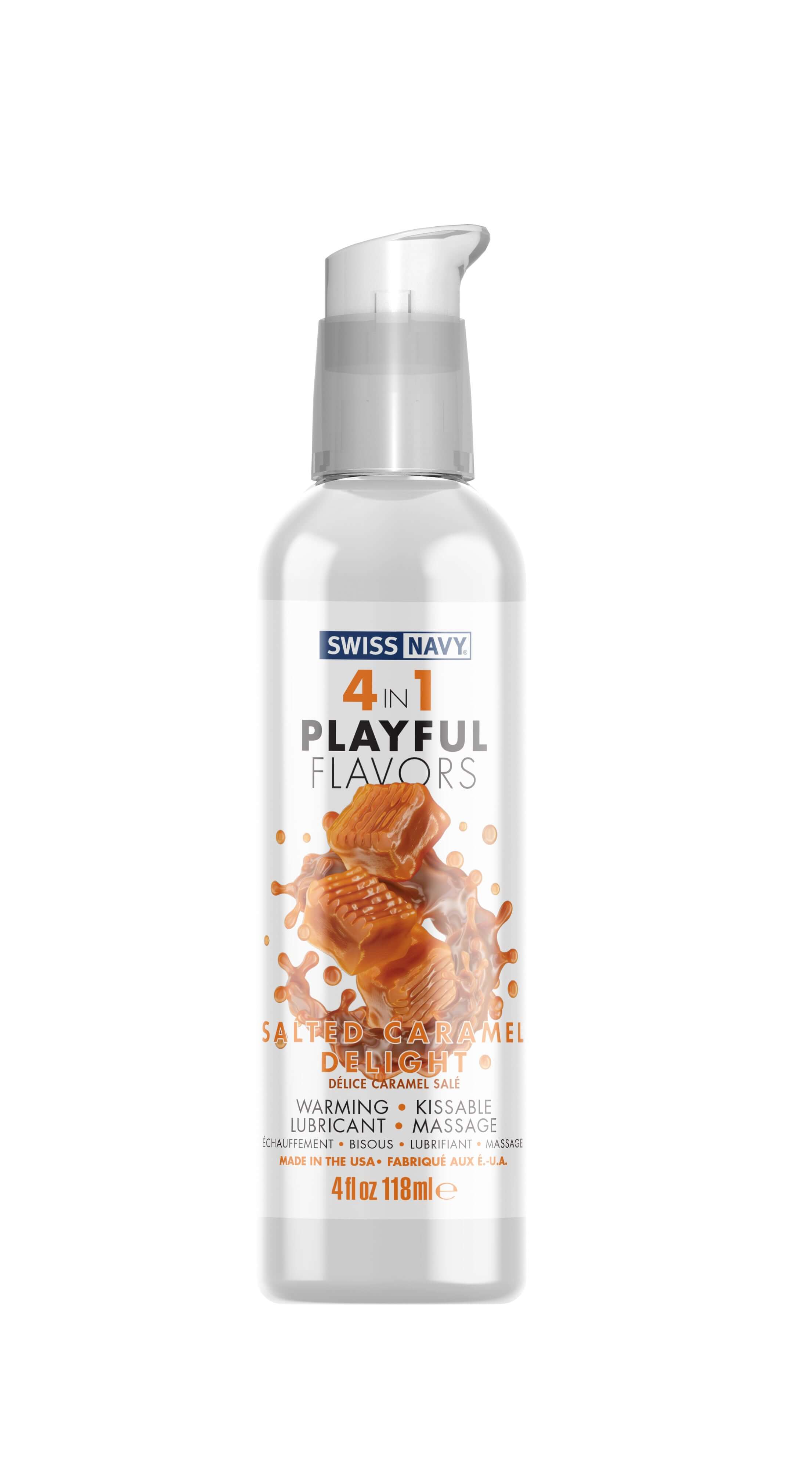 Swiss Navy 4-in-1 Playful Flavors Salted Caramel Delight 4 fl. oz. warming kissable massage lubricant bottle