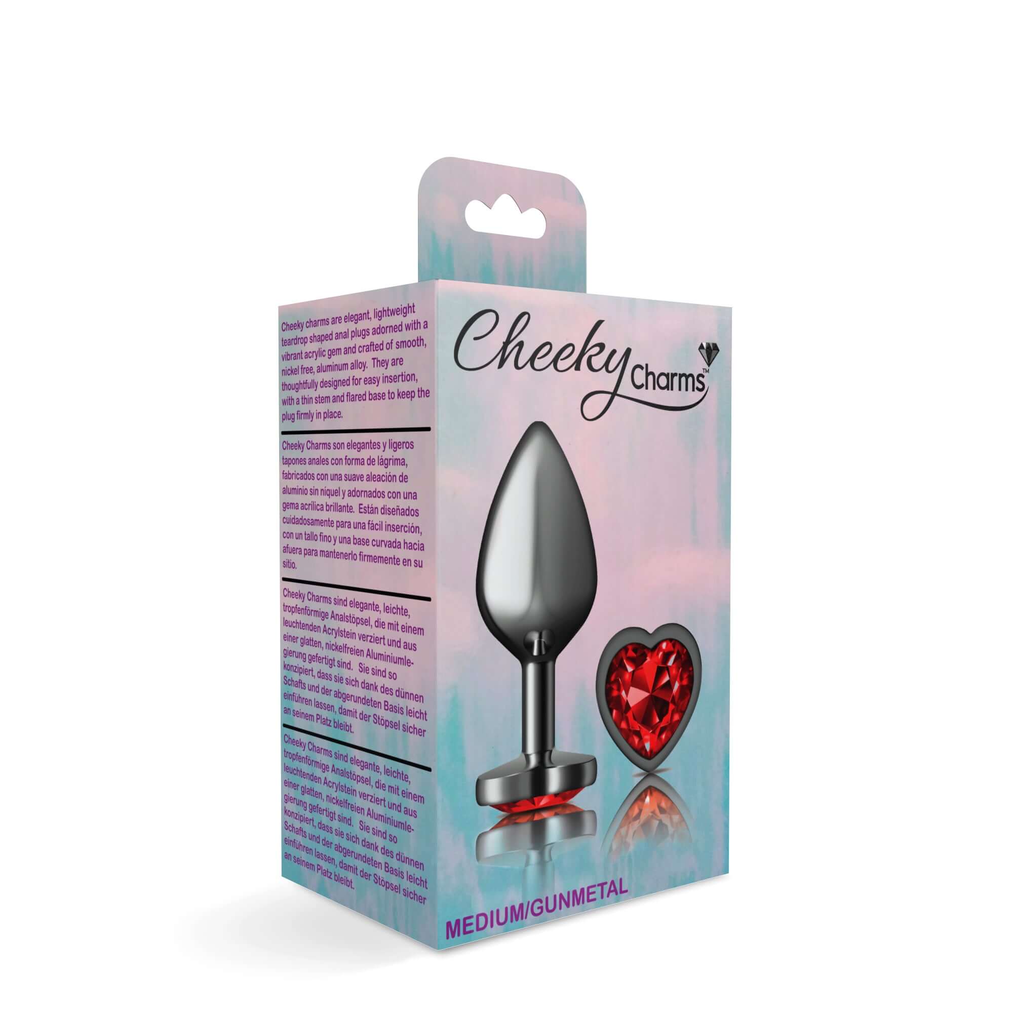 Cheeky Charms-Gunmetal Metal Butt Plug- Heart-Dark Red-Medium-5