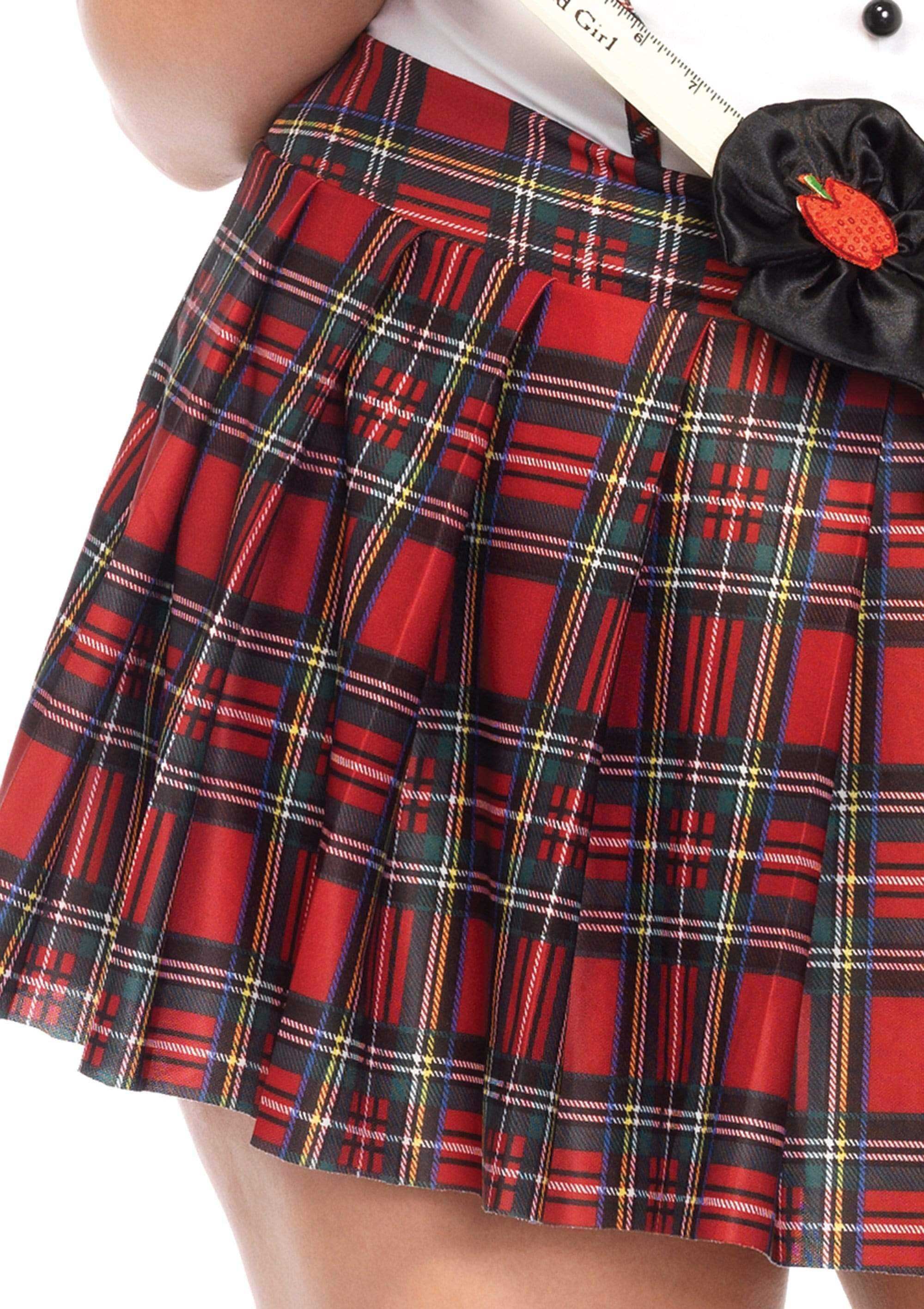 Red plaid pleated skirt from Plus Boarding School Flirt Costume by Leg Avenue.