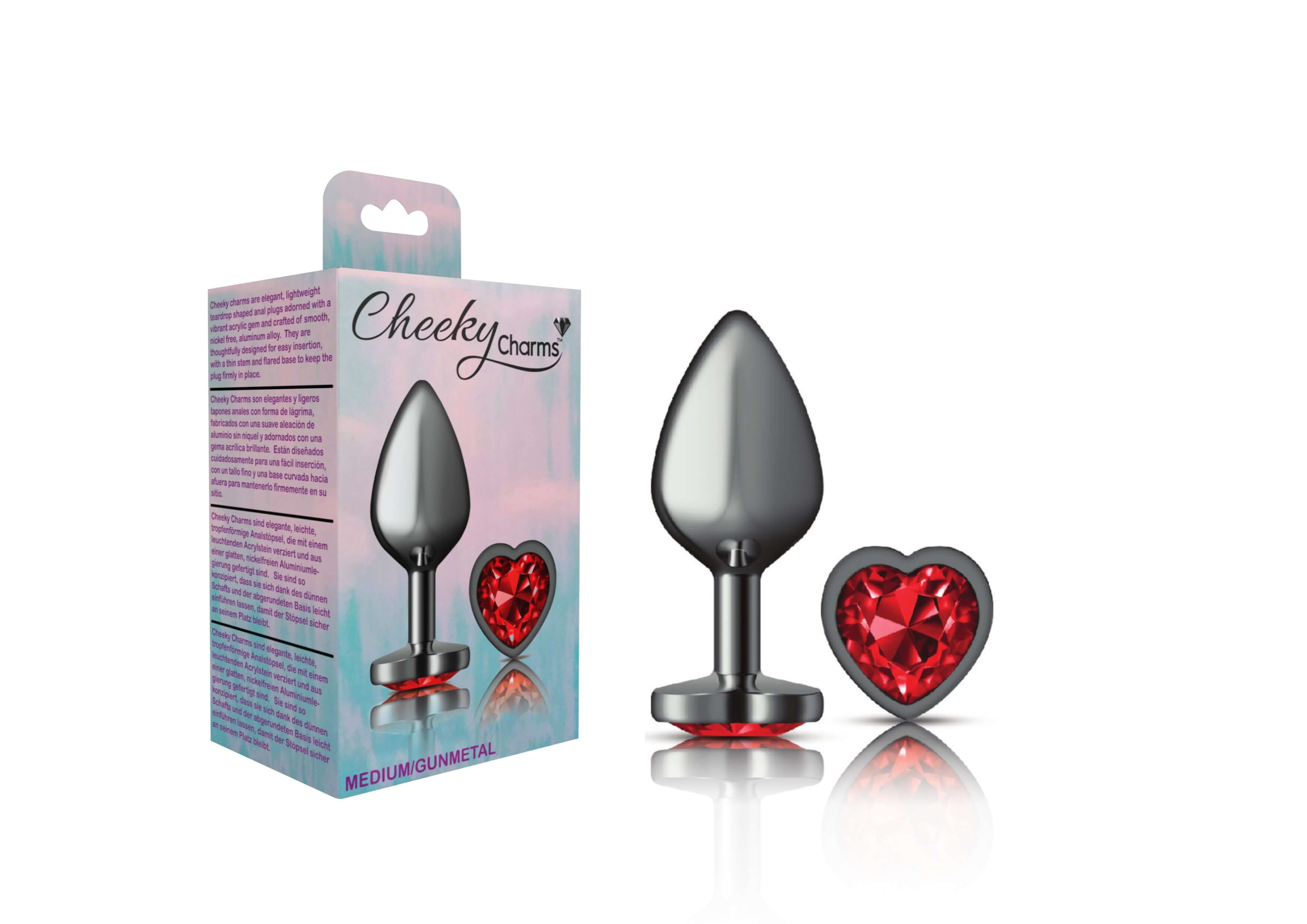 Cheeky Charms-Gunmetal Metal Butt Plug- Heart-Dark Red-Medium-0