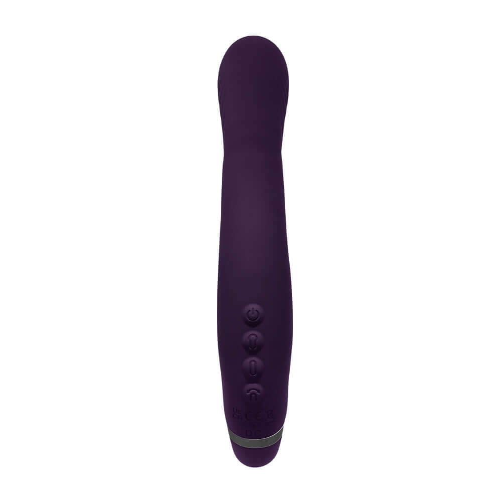 Purple inflatable massager with curved shaft and control buttons for versatile sensations and strap-on effect.