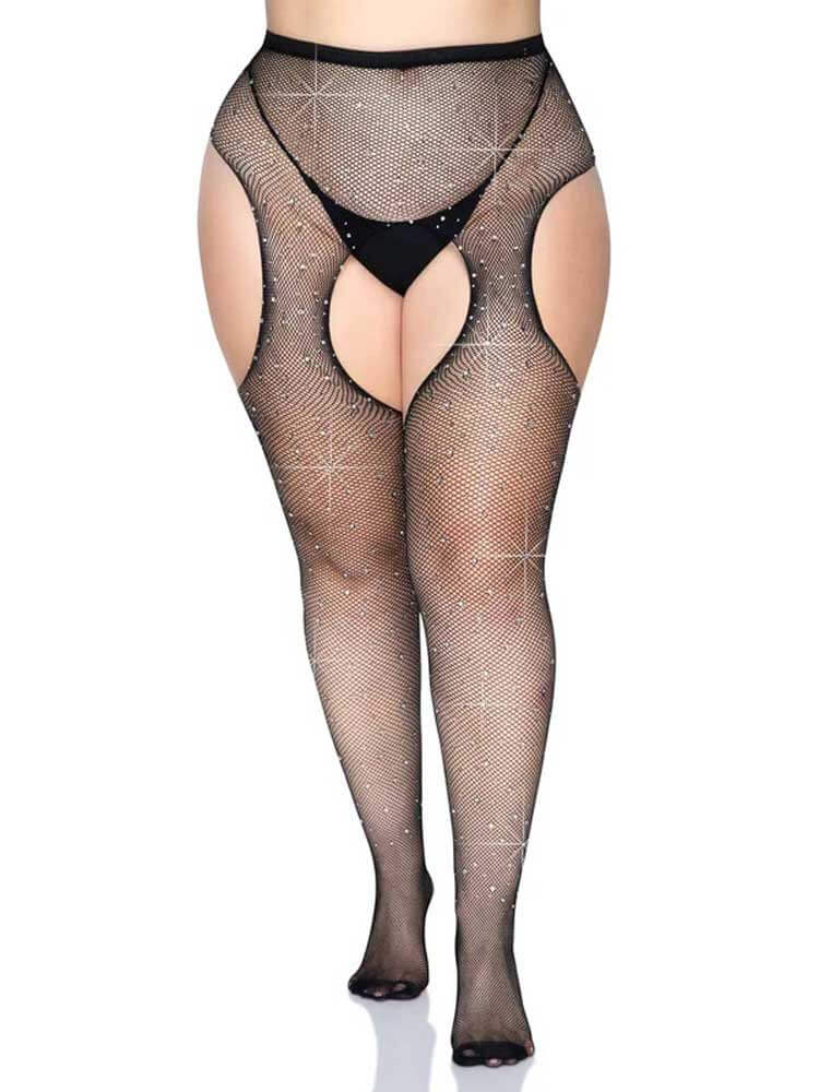 Casey Rhinestone Fishnet Suspender Pantyhose Queen Black with cutouts and rhinestones by Leg Avenue.