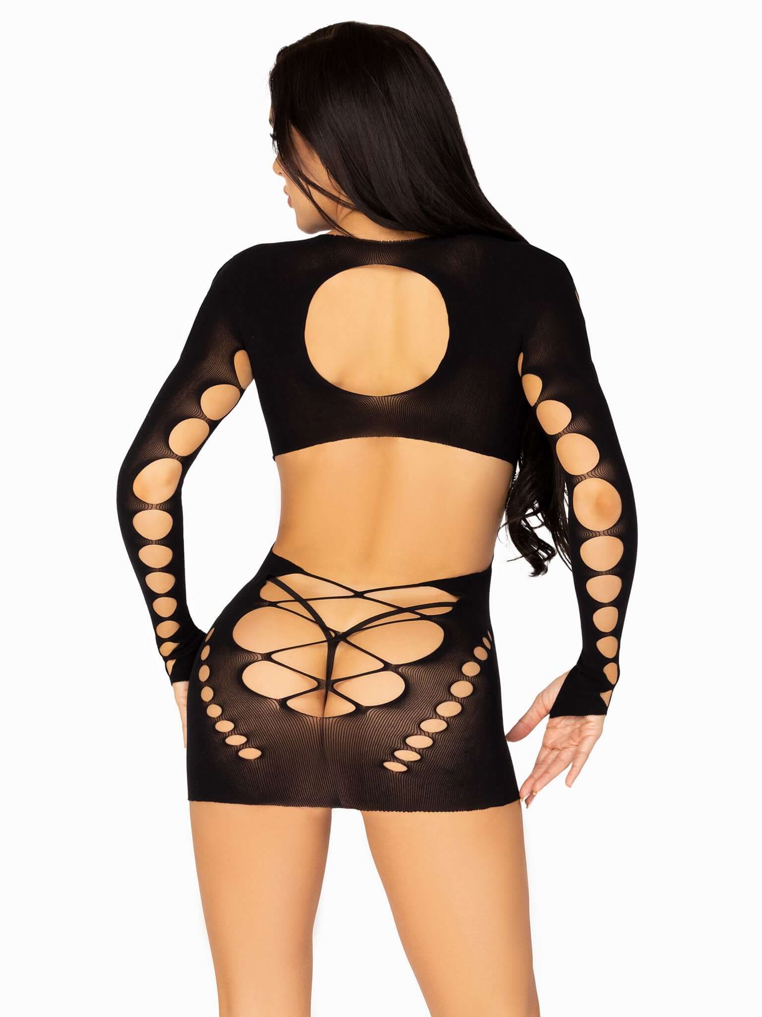 Black seamless cut-out mini dress with faux lace-up back, long sleeves, and side cut-out details.