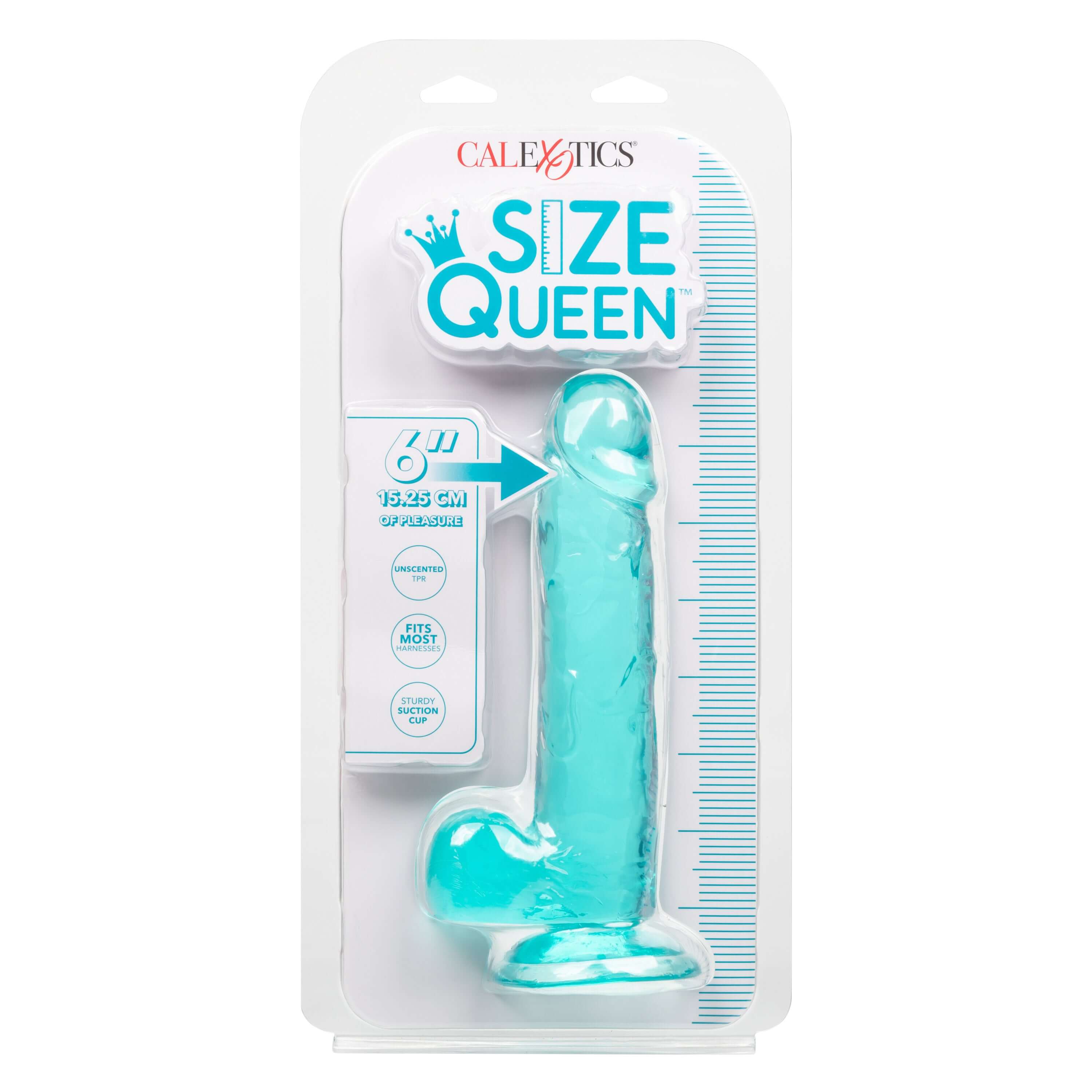 CalExotics Size Queen 6-Inch Blue in packaging with realistic design and measurements displayed.