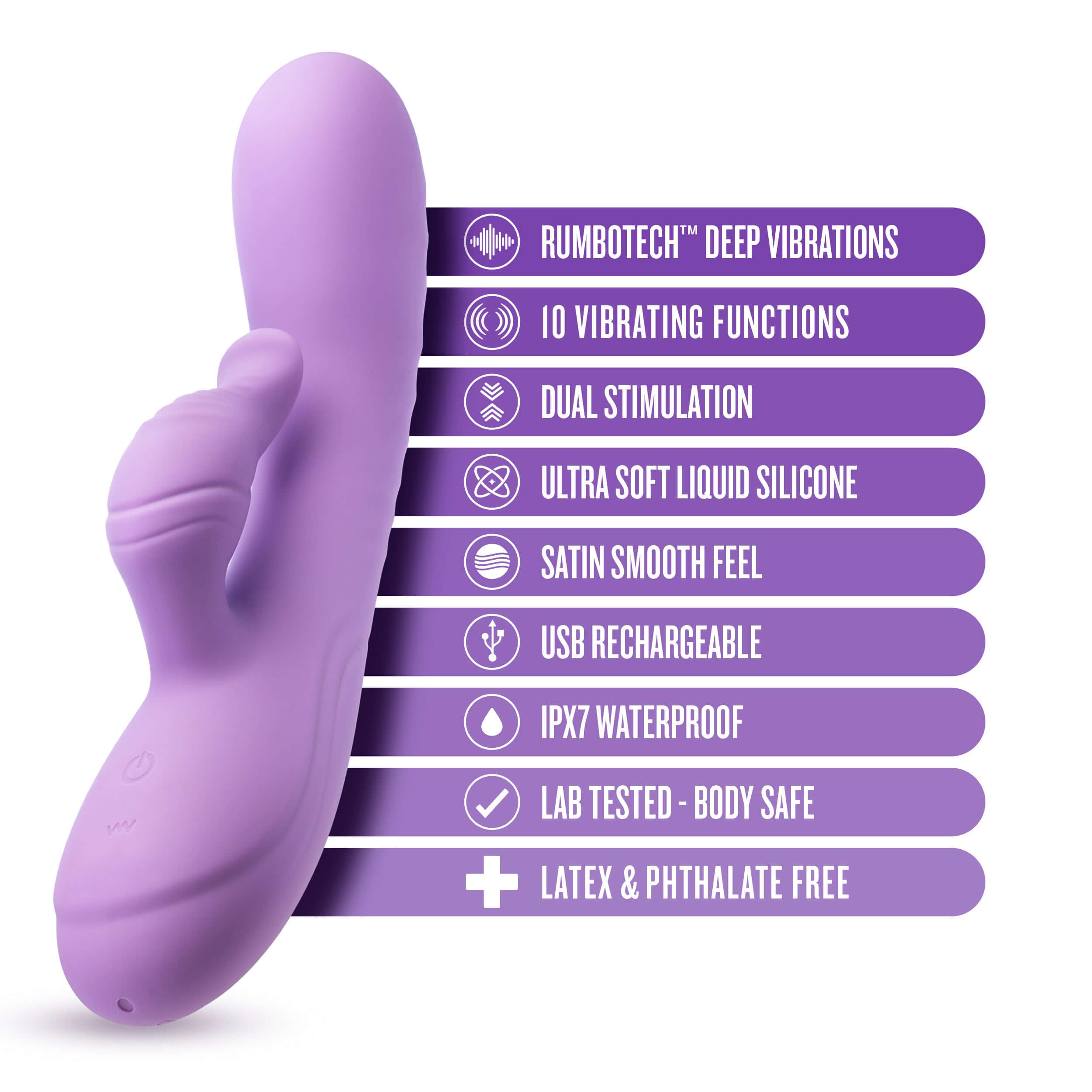 Purple Evelyn Rabbit Massager with RumboTech, dual stimulation, 10 vibrations, body-safe silicone, USB rechargeable, and waterproof features.